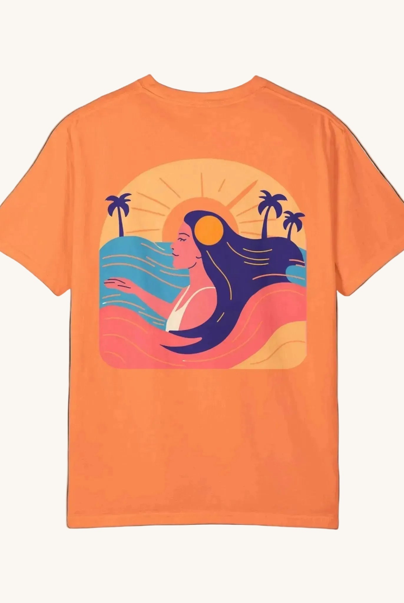 An orange graphic tee with a tropical design including palm trees and a sun.