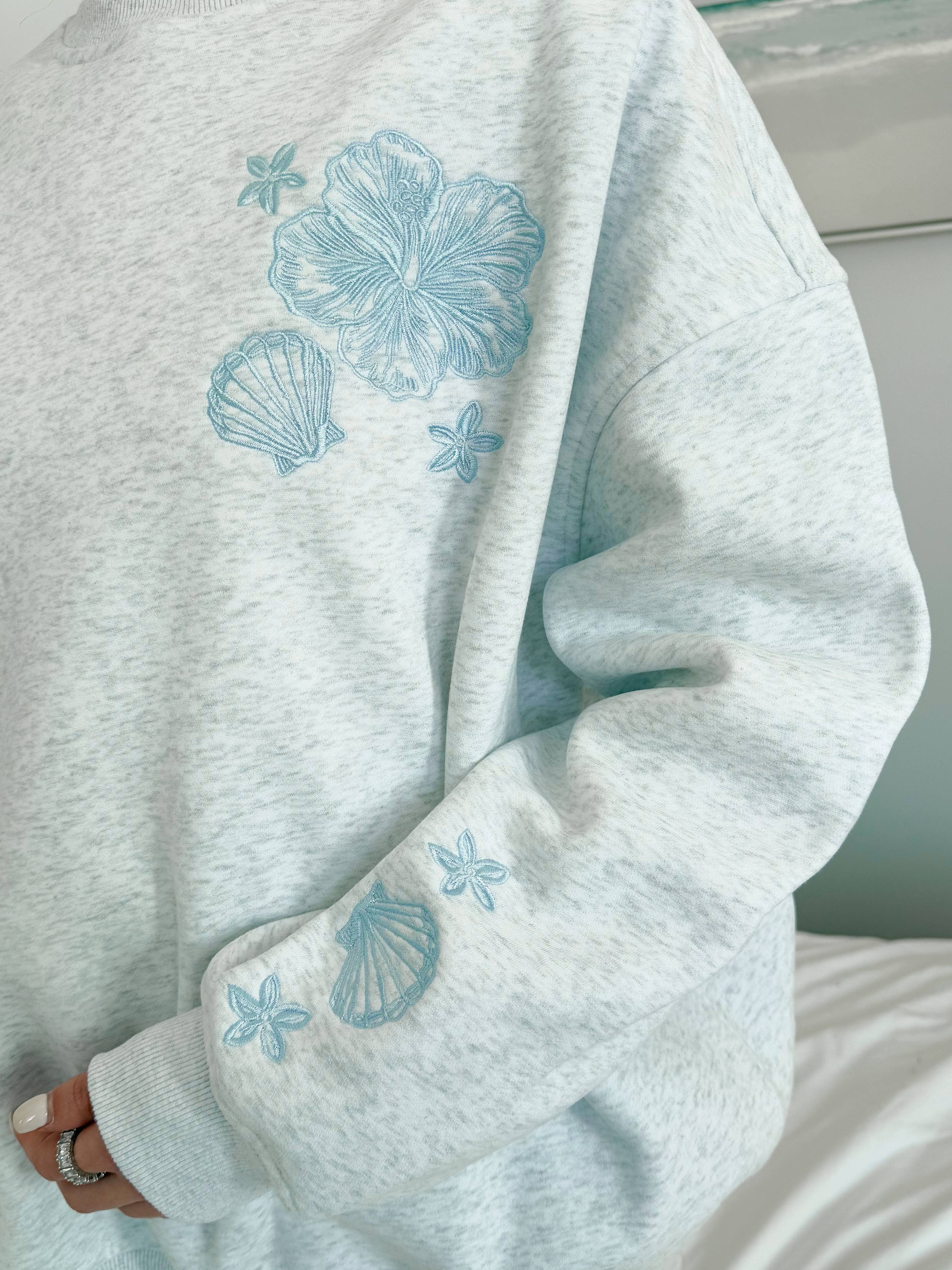 Coastal Bloom Embroidered Sweatshirt, grey