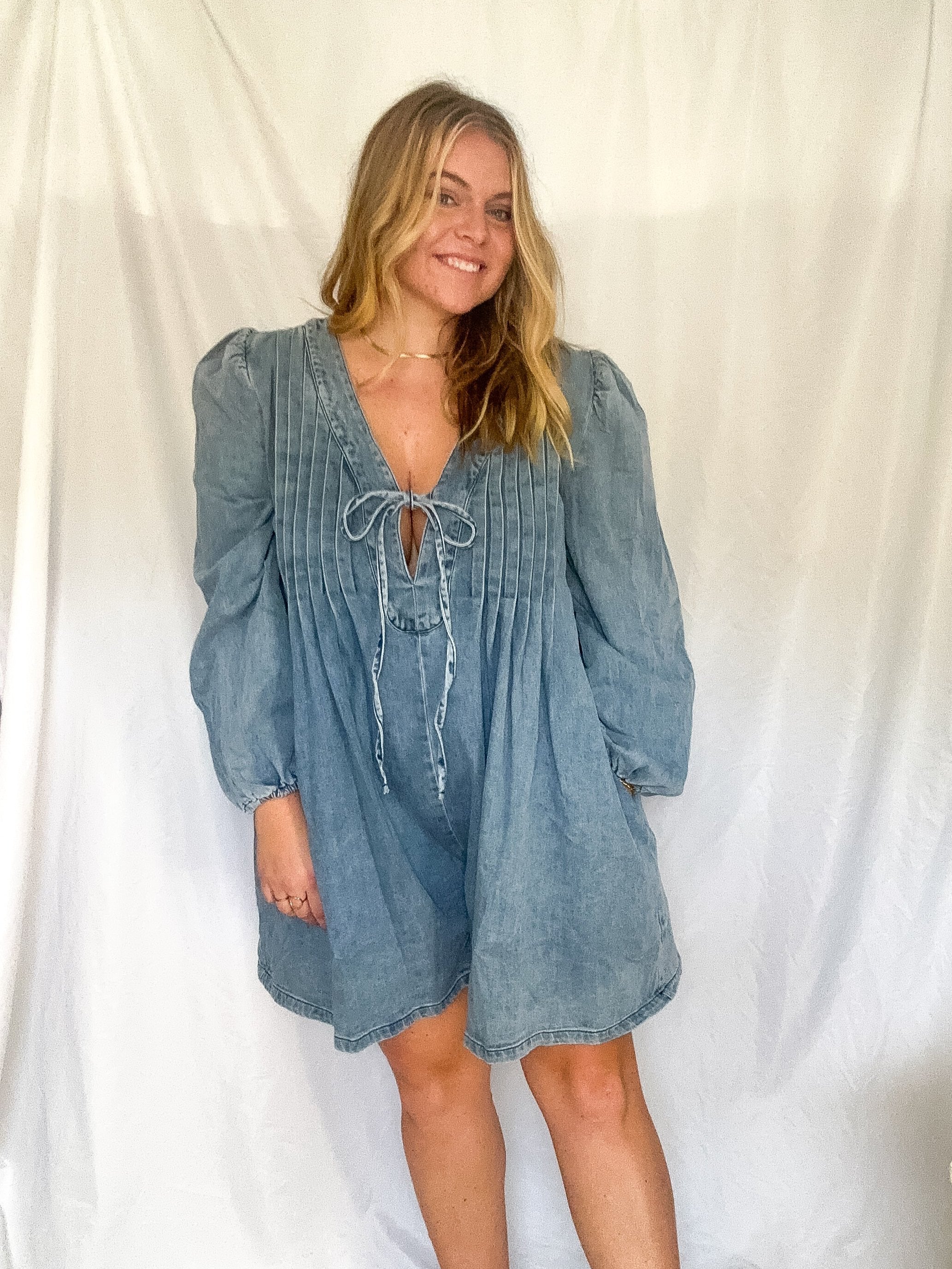 Addison pleated front tie romper, medium wash
