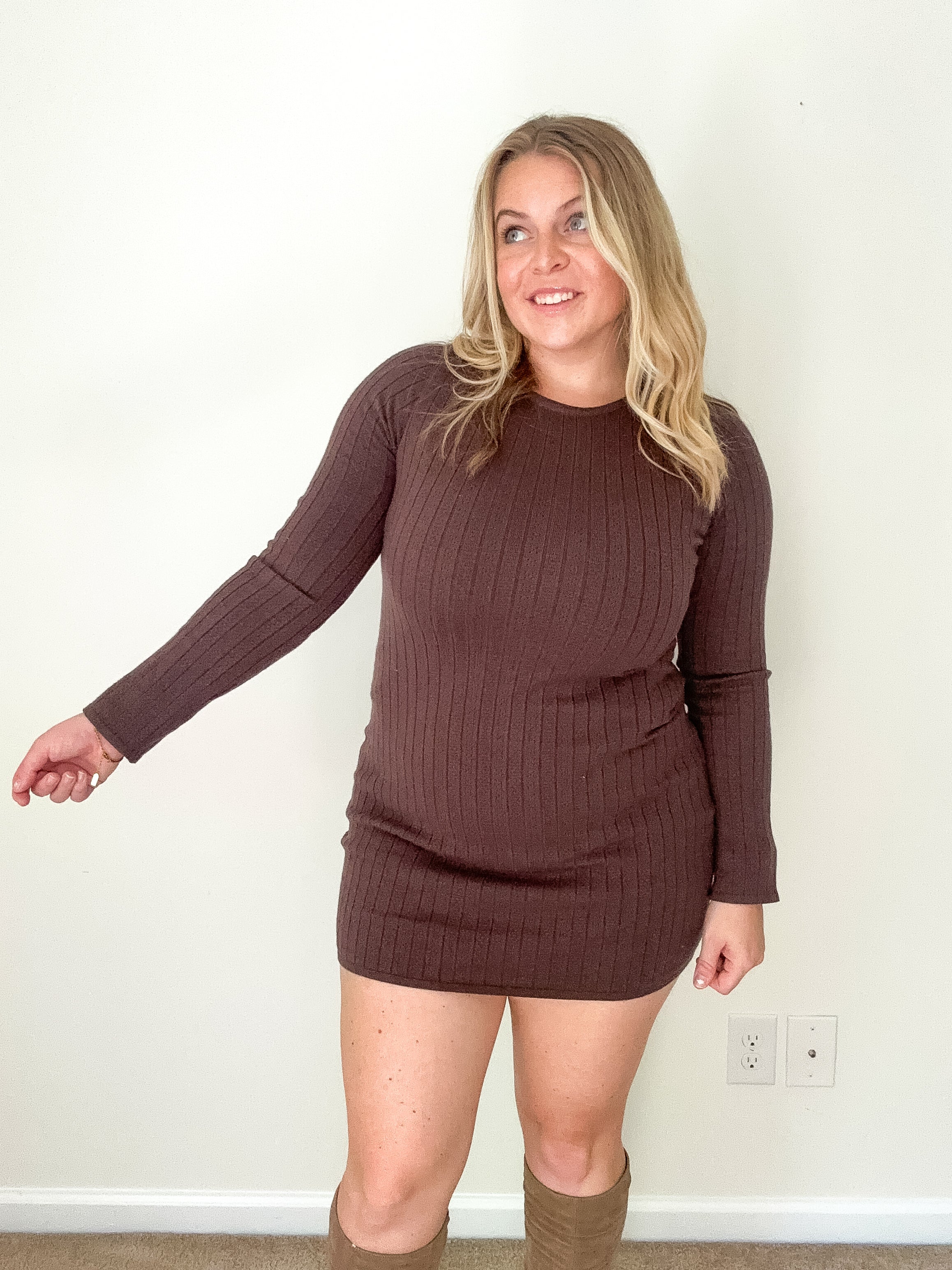 Maren pointelle sweater dress, brown