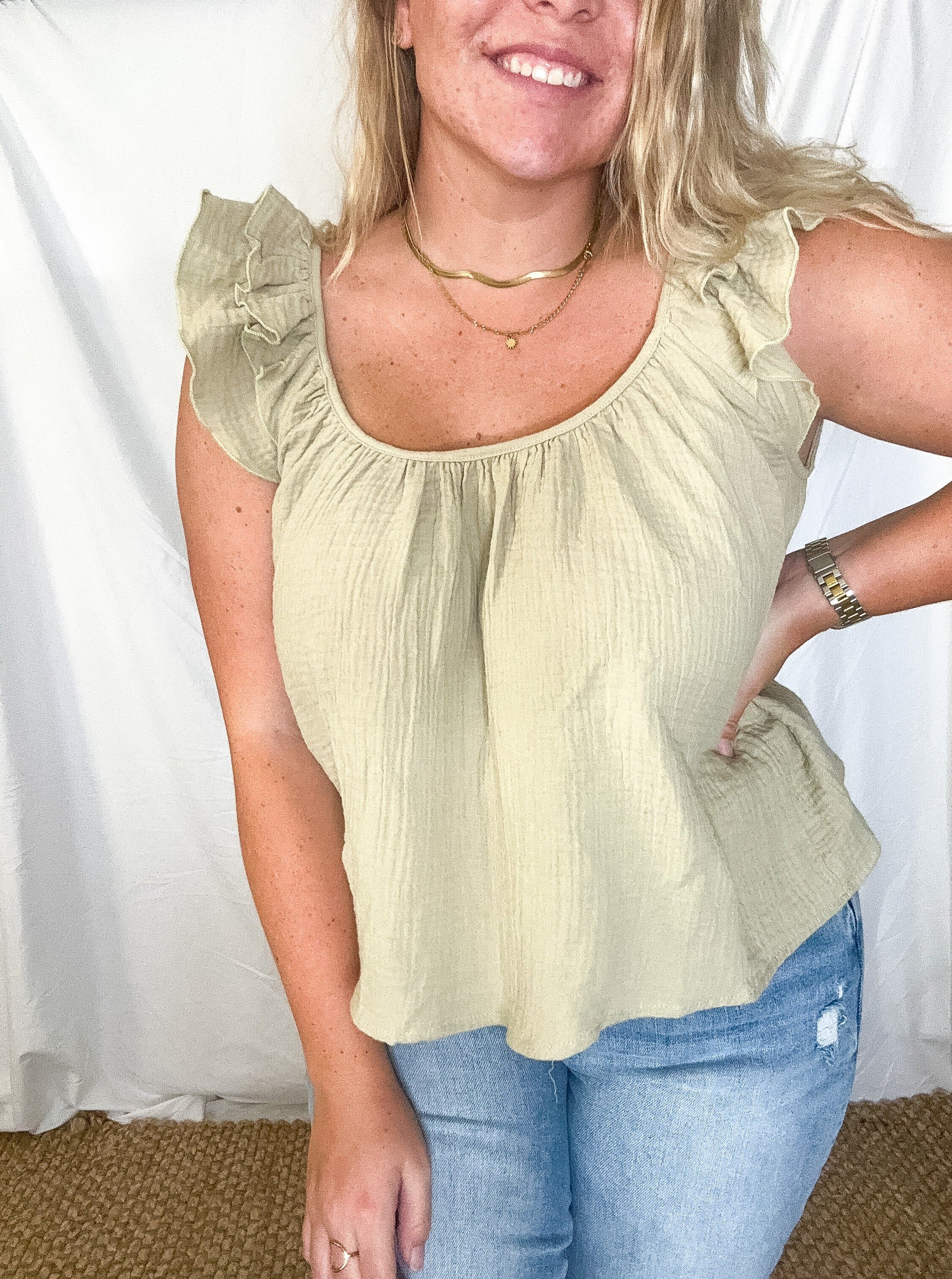 Layken ruffled shoulder top, sage