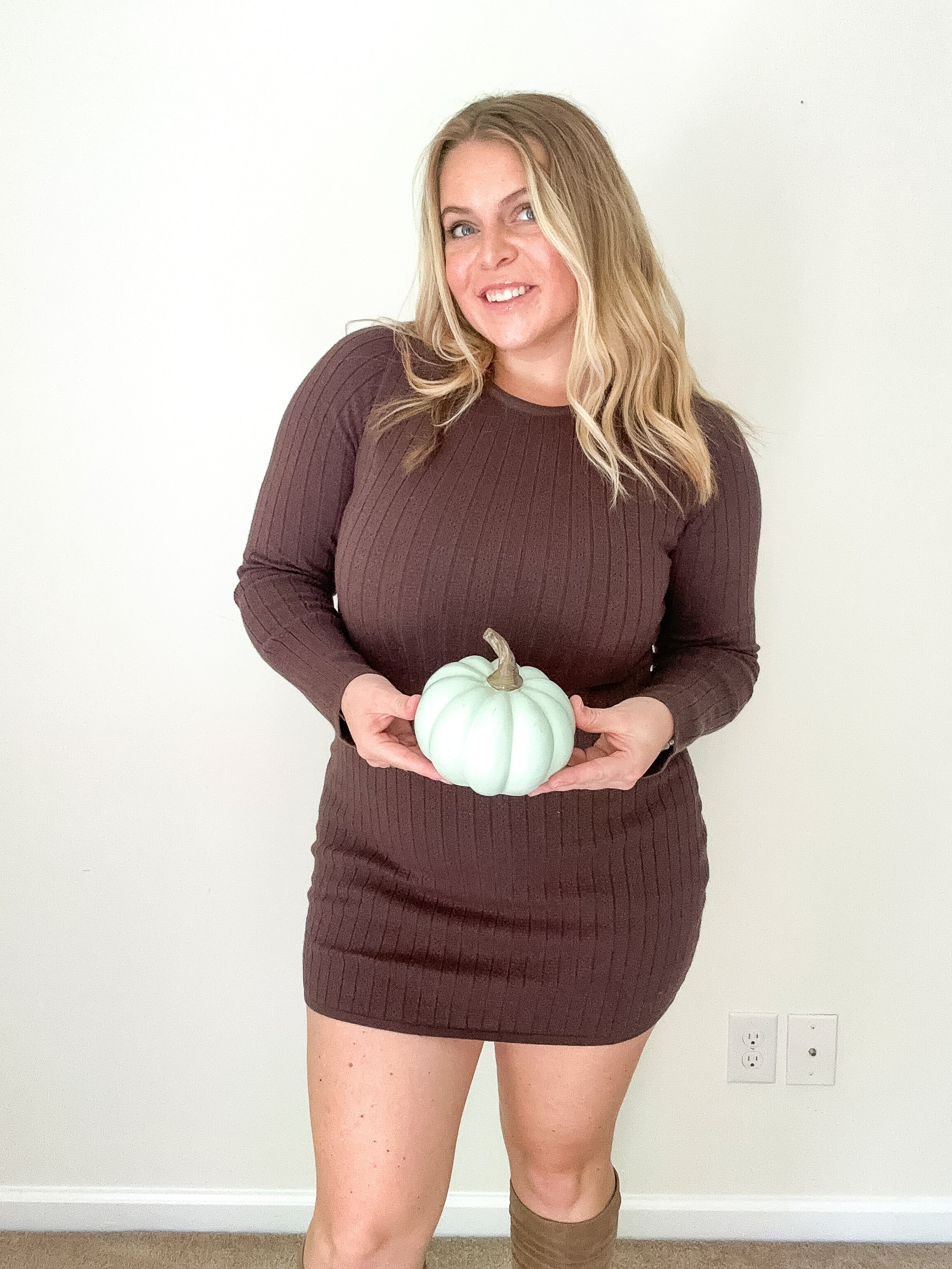 Maren pointelle sweater dress, brown