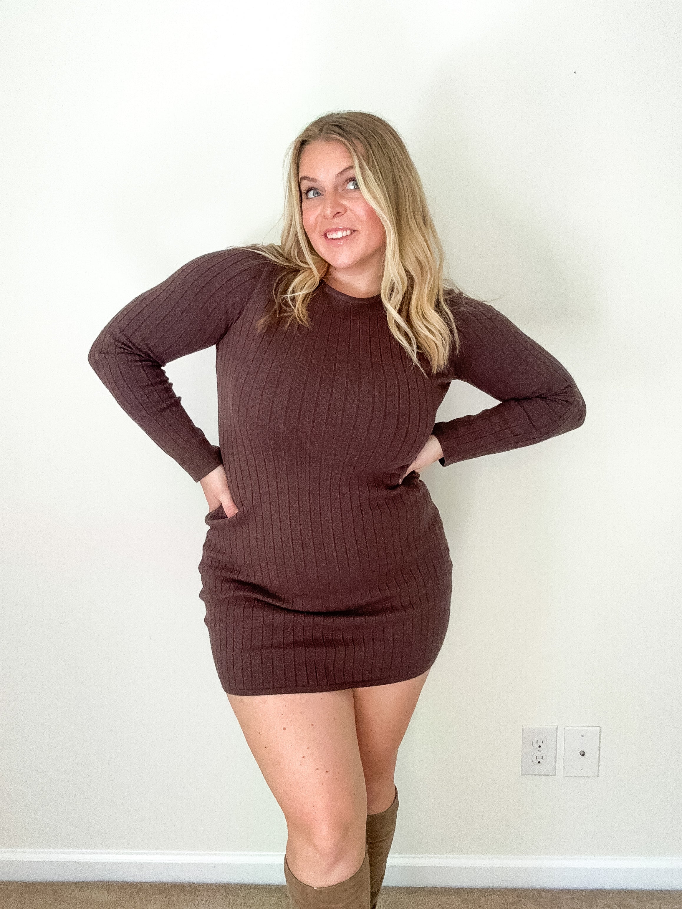 Maren pointelle sweater dress, brown