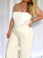 Golden Tide Embroidered Eyelet Lace Strapless Top, ivory