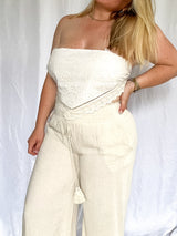 Golden Tide Embroidered Eyelet Lace Strapless Top, ivory