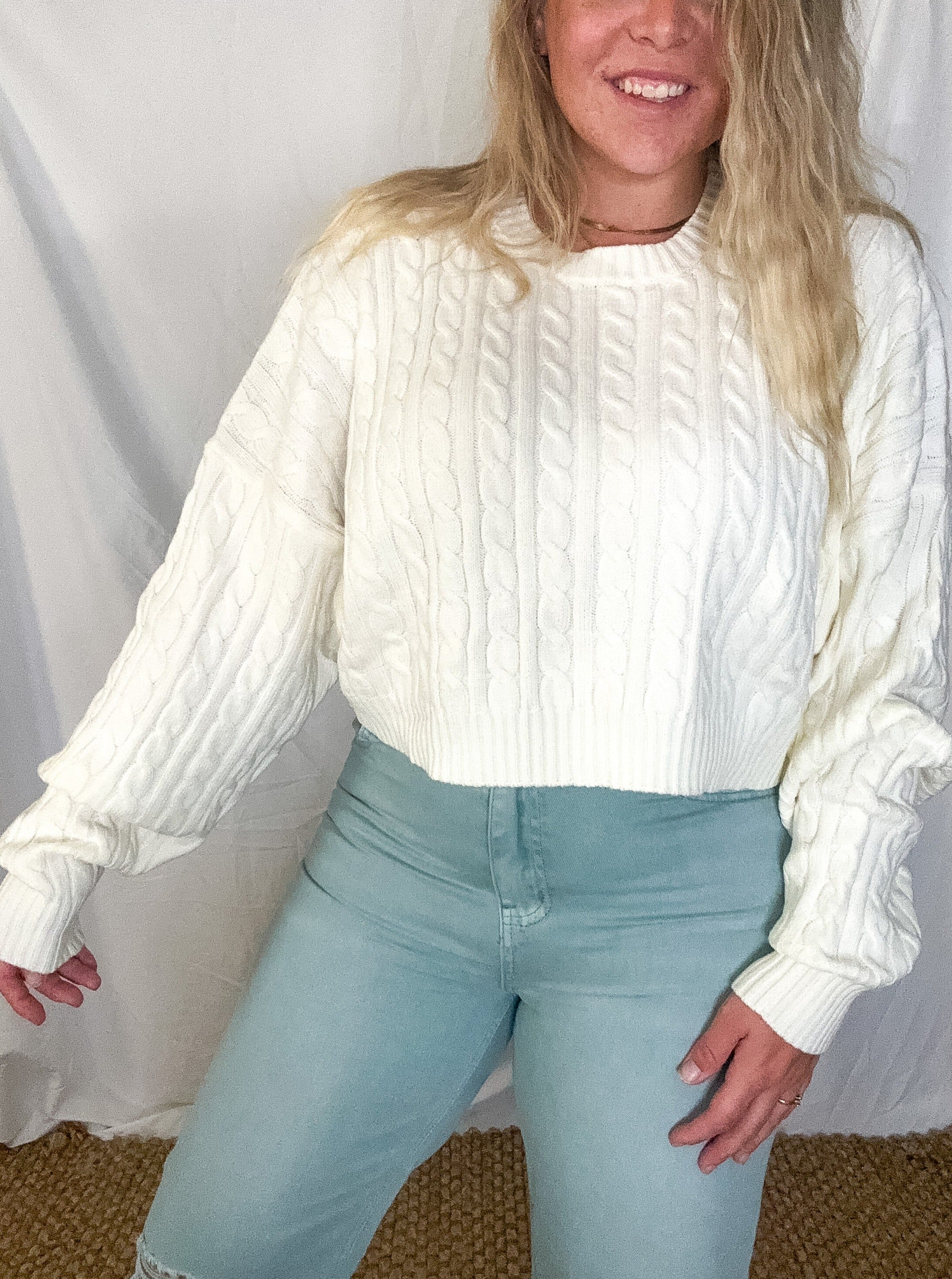 Gracie cropped cableknit sweater, ivory