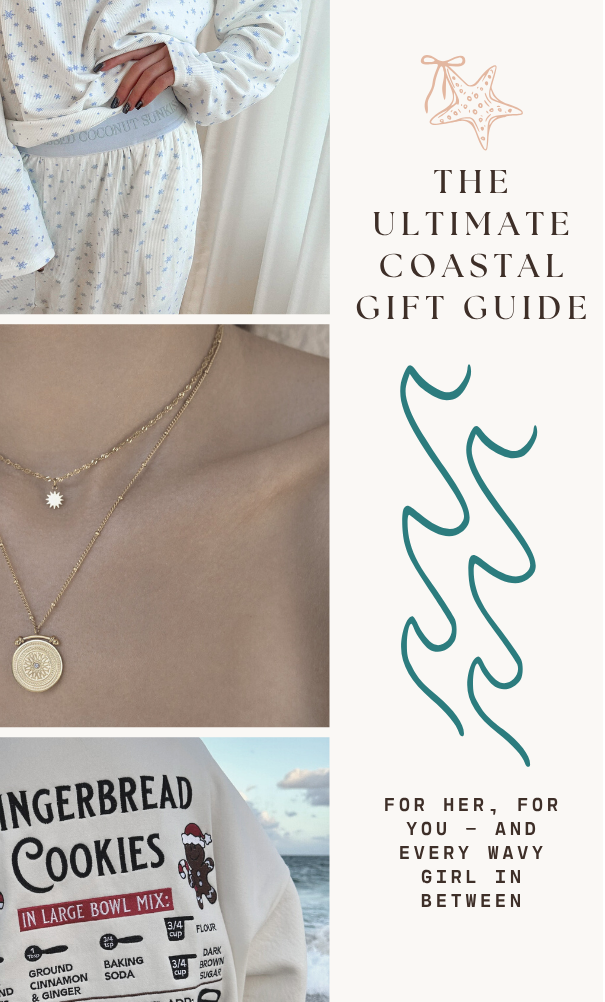 Three product images with text overlay on a coastal theme.