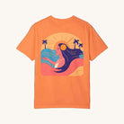 An orange graphic tee with a tropical design including palm trees and a sun.