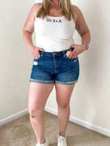 Mid Rise Cuffed Denim Shorts, dark wash