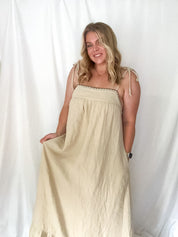 Whisper embroidered gauze knit maxi dress, beige