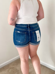 Mid Rise Cuffed Denim Shorts, dark wash