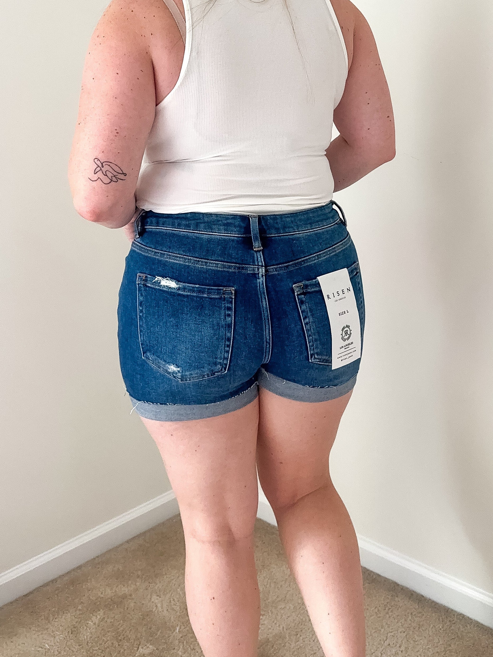 Mid Rise Cuffed Denim Shorts, dark wash