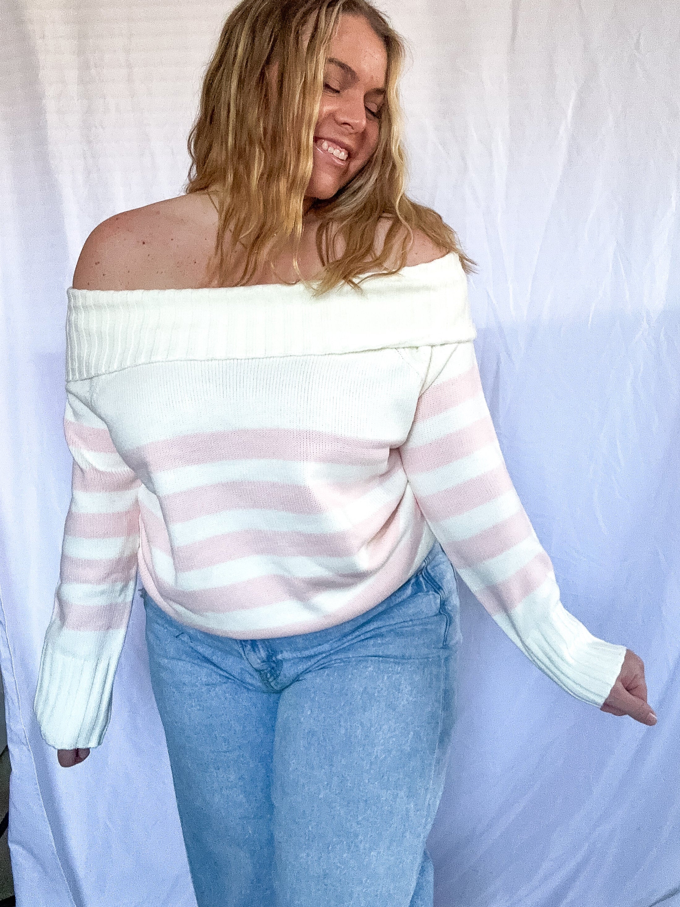 Leilani off shoulder striped sweater, white