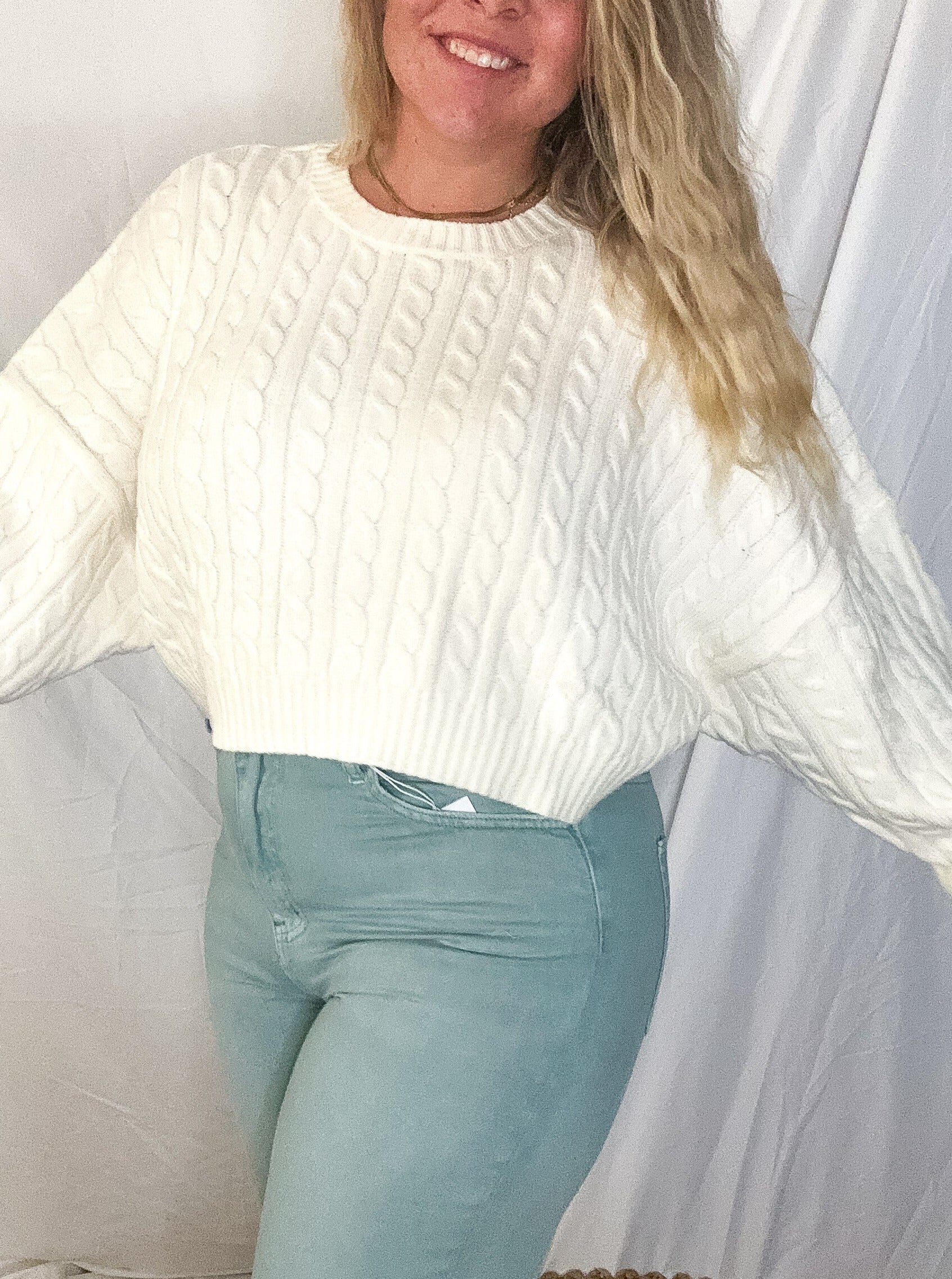 Gracie cropped cableknit sweater, ivory