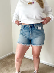 High Rise Side Slit Denim Shorts