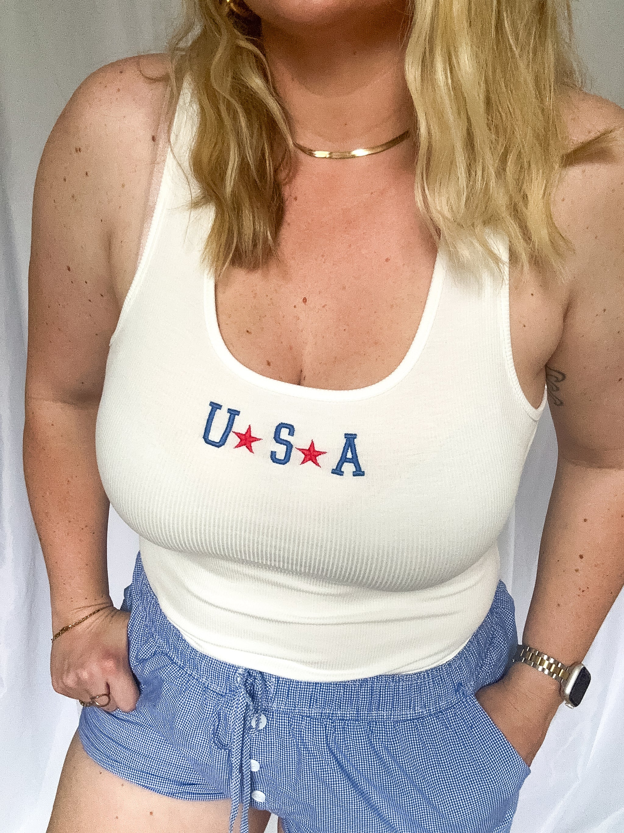 USA embroidered ribbed tank bodysuit