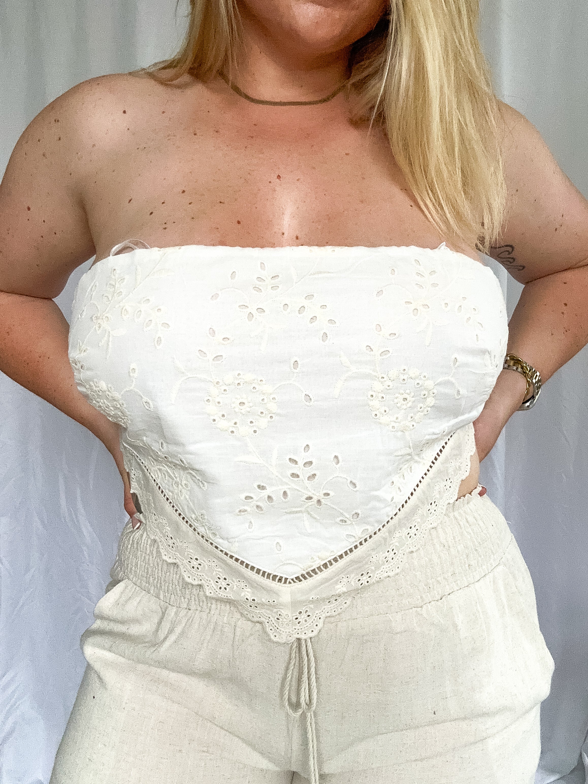 Golden Tide Embroidered Eyelet Lace Strapless Top, ivory