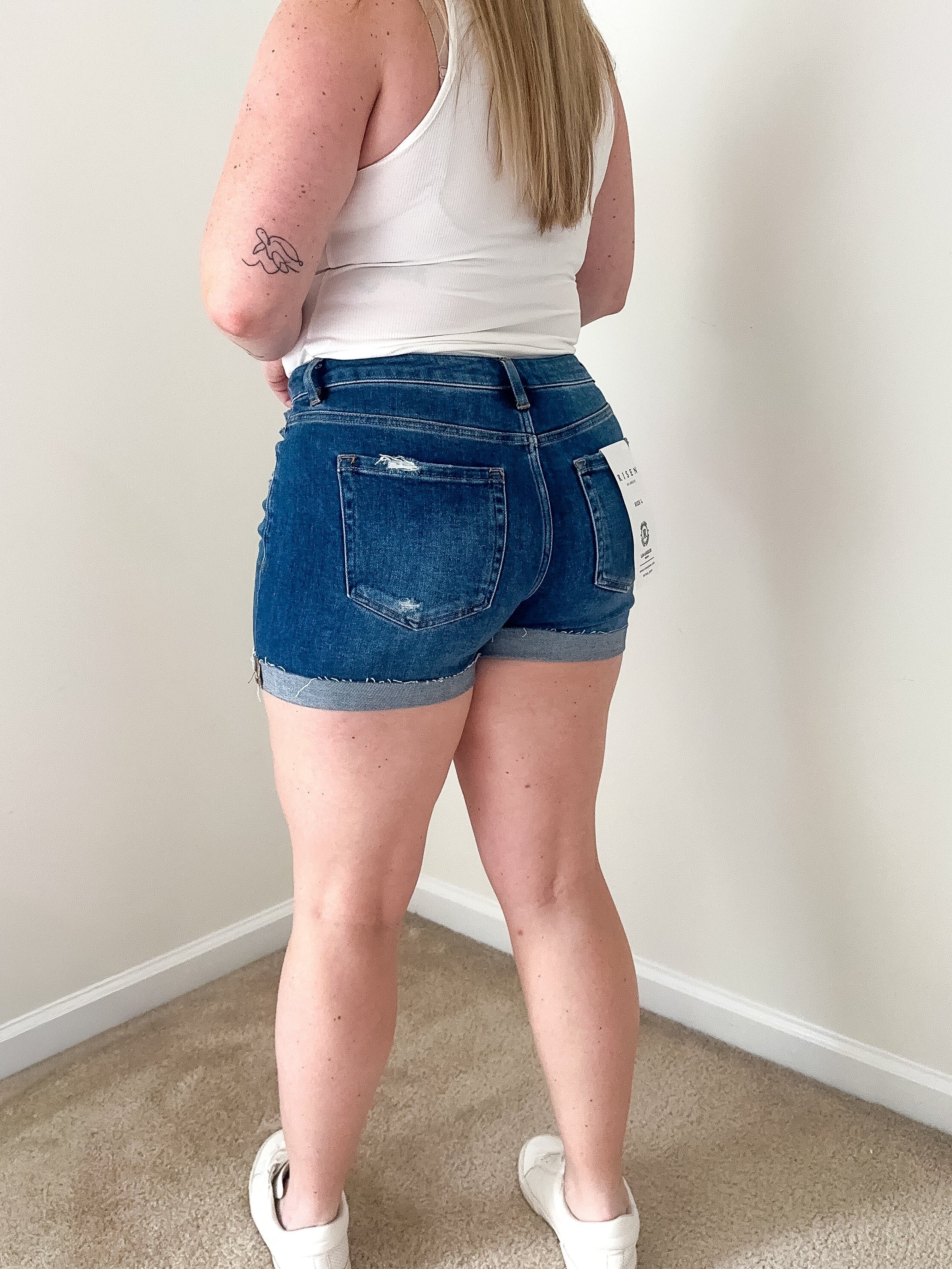 Mid Rise Cuffed Denim Shorts, dark wash