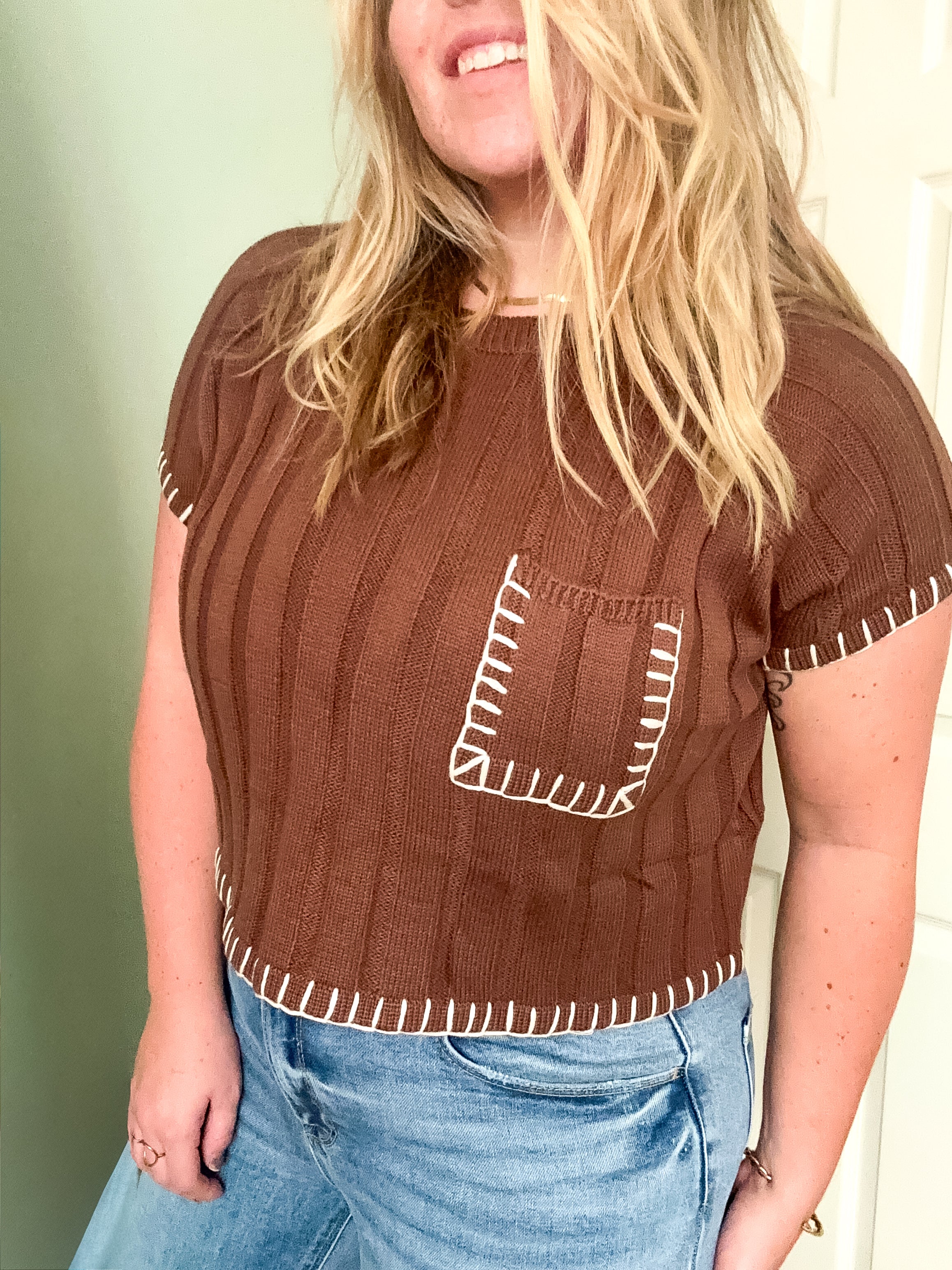 Hadley contrast stitch sweater top, brown