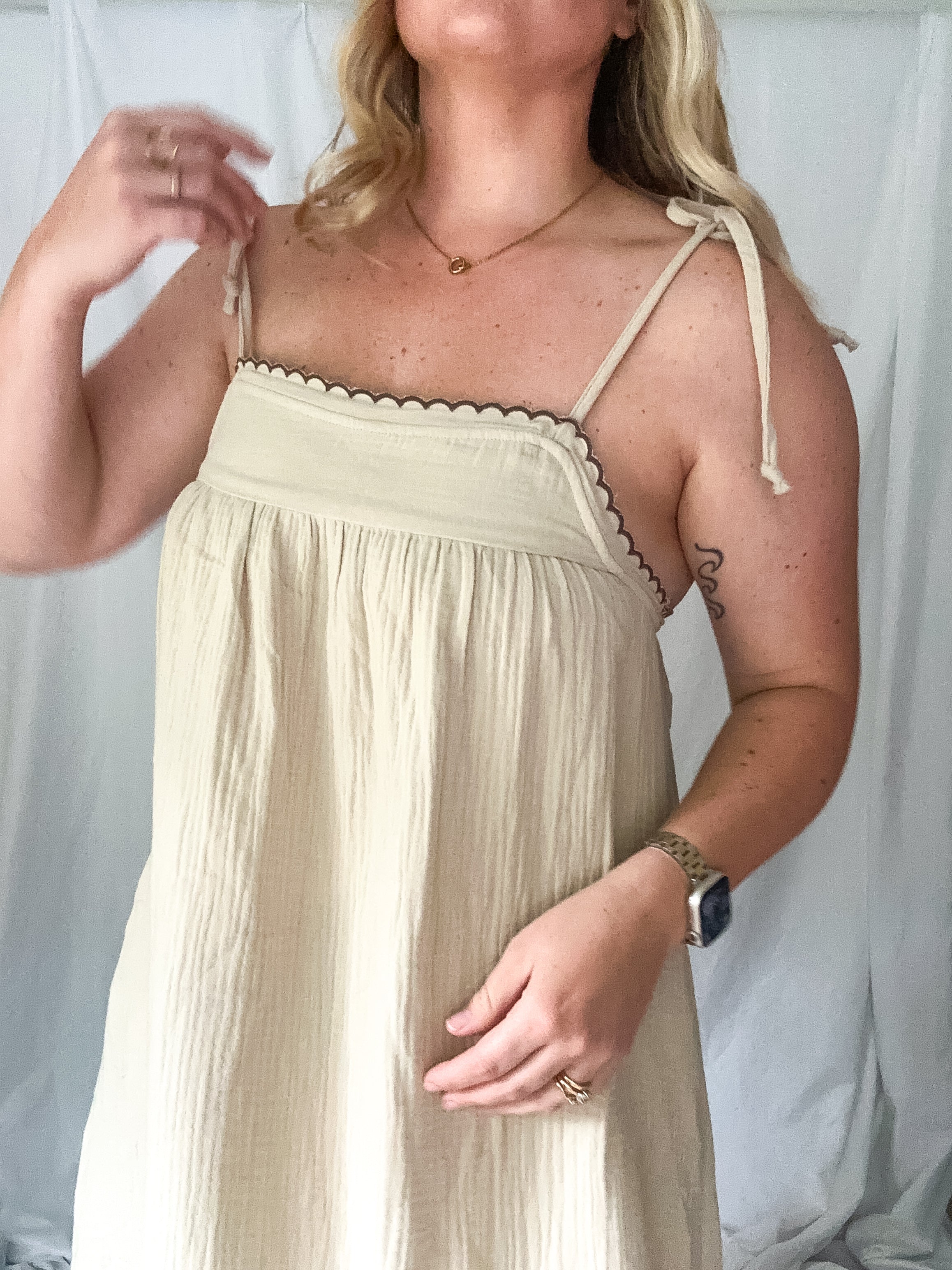 Whisper embroidered gauze knit maxi dress, beige