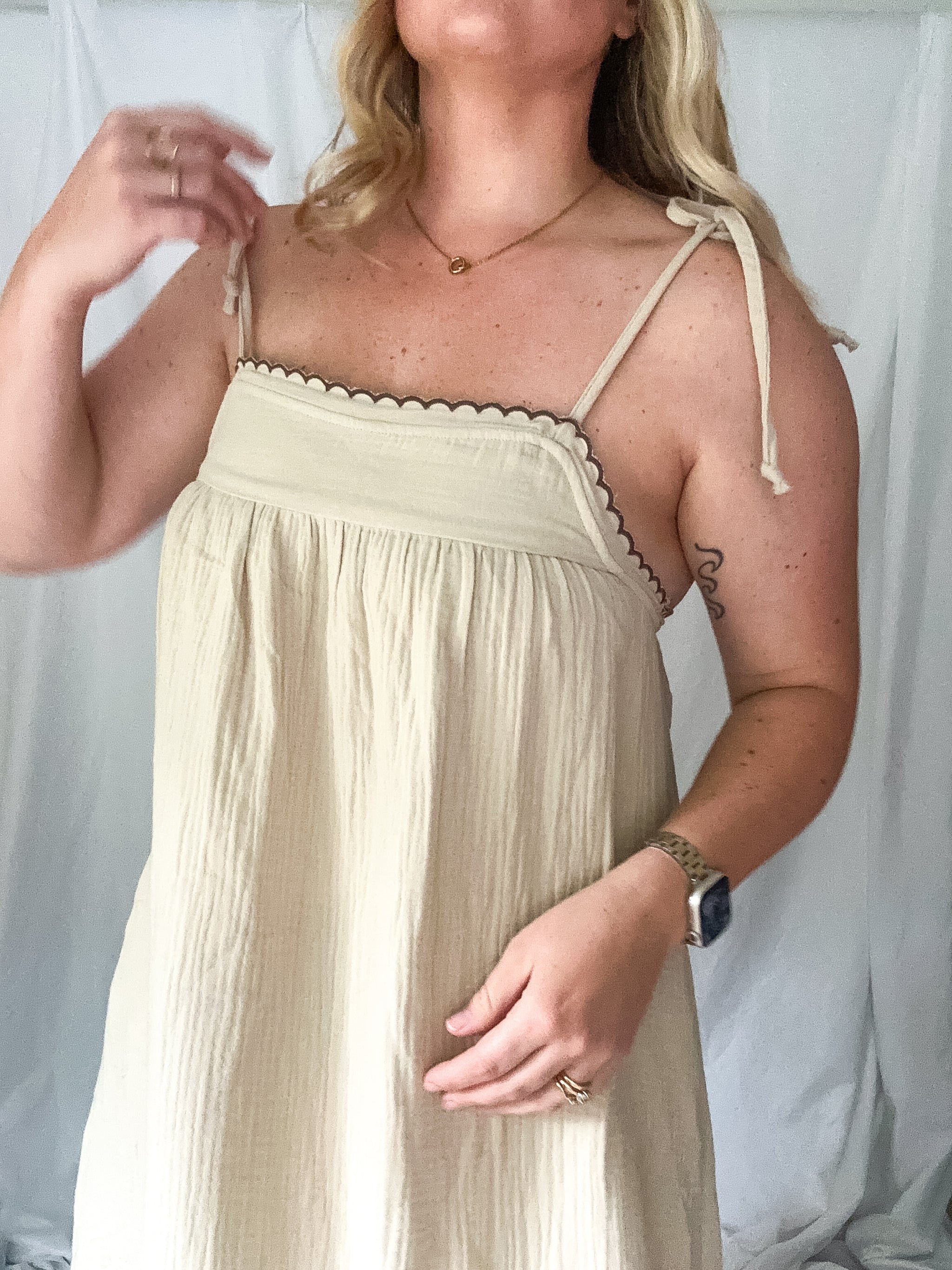 Whisper embroidered gauze knit maxi dress, beige