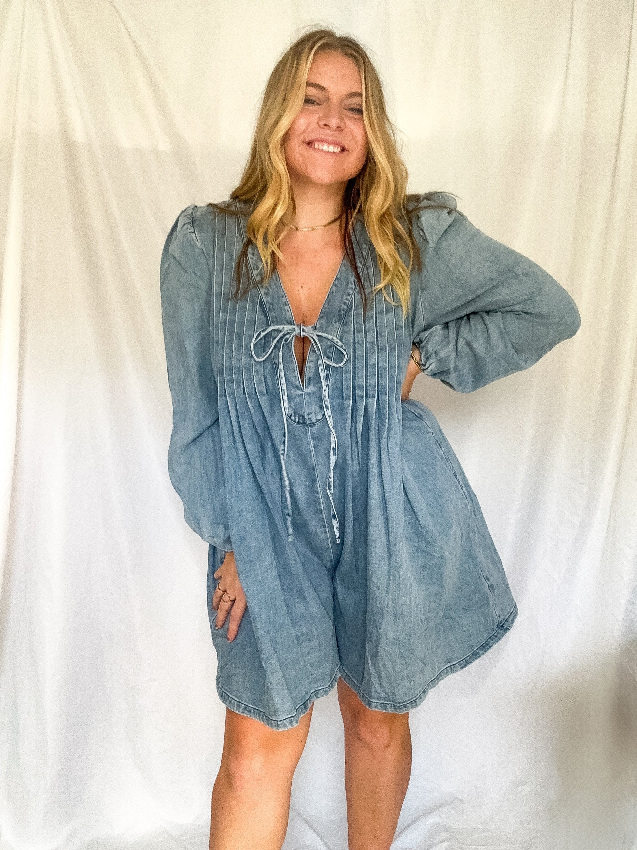 Addison pleated front tie romper, medium wash