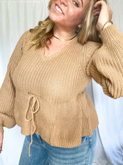 Sadie puff sleeve scallop v neck peplum sweater, beige