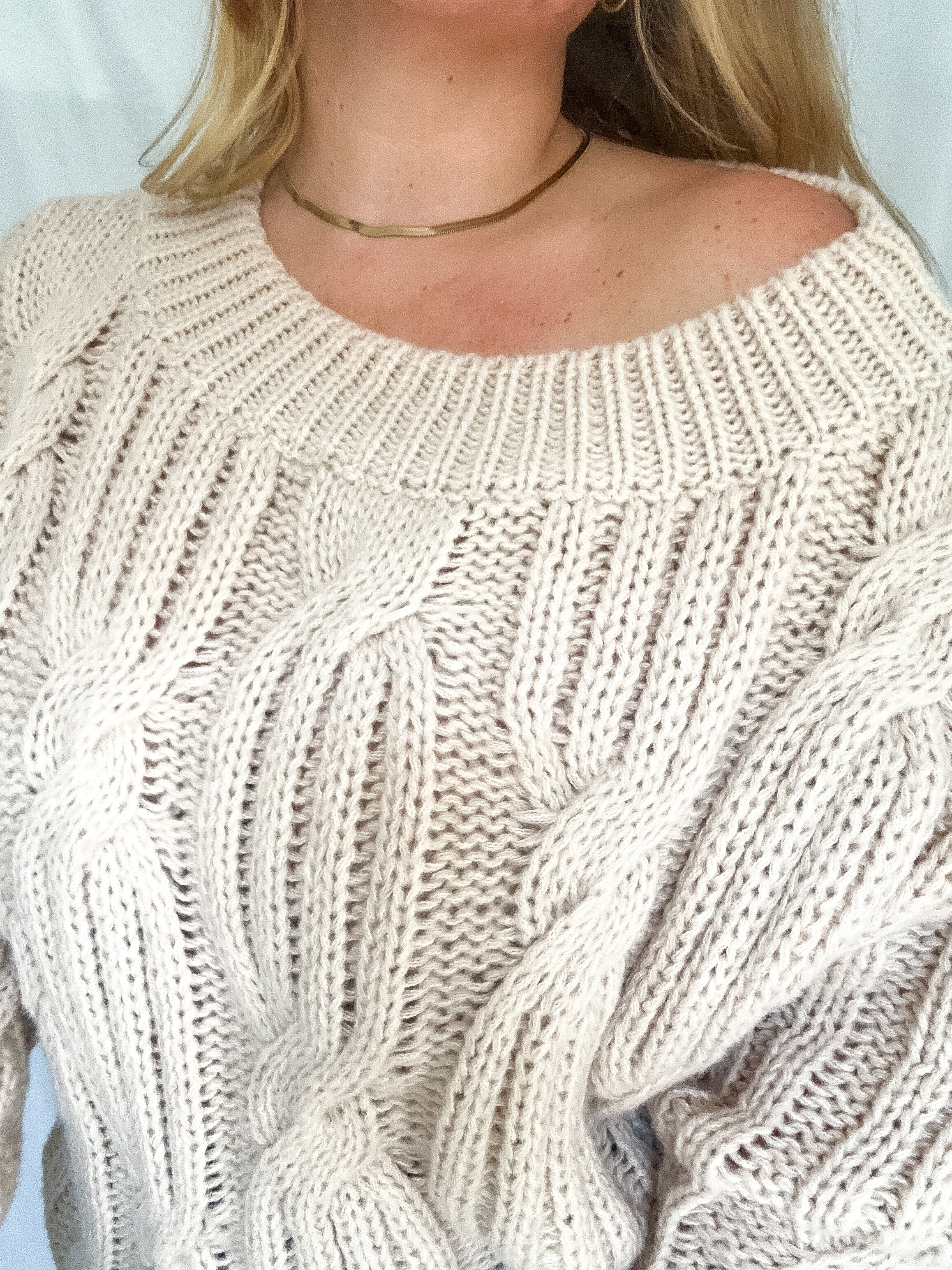 Joey off shoulder cable sweater, taupe