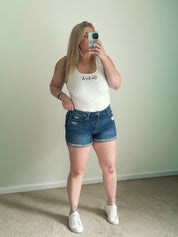 Mid Rise Cuffed Denim Shorts, dark wash