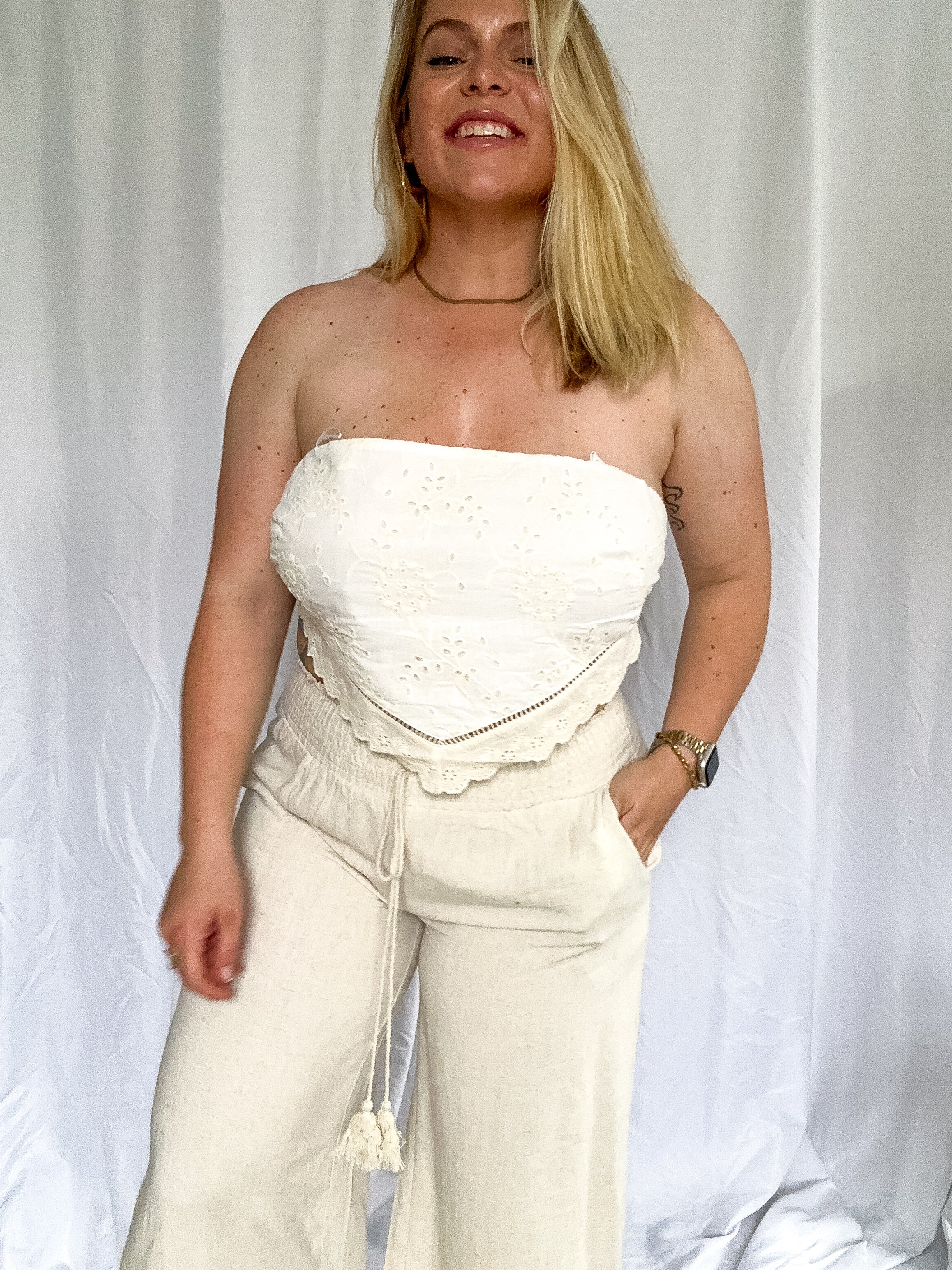 Golden Tide Embroidered Eyelet Lace Strapless Top, ivory