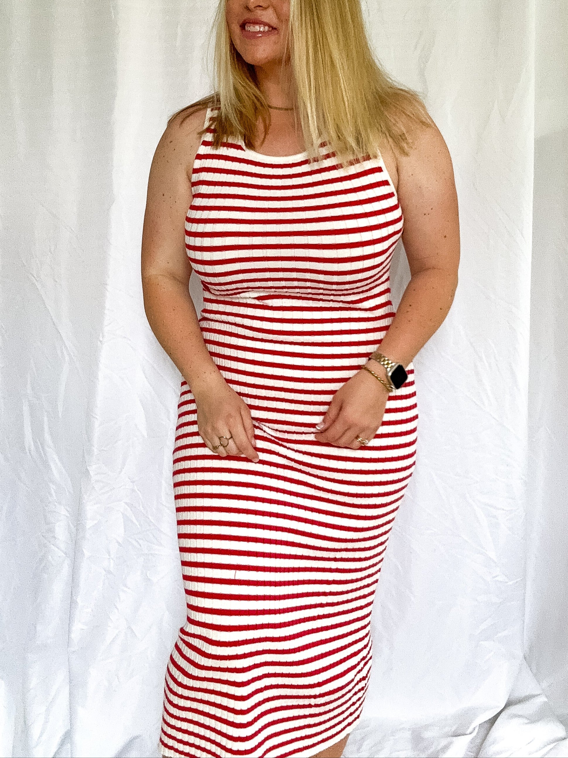 Boardwalk Stripes Midi Dress, red