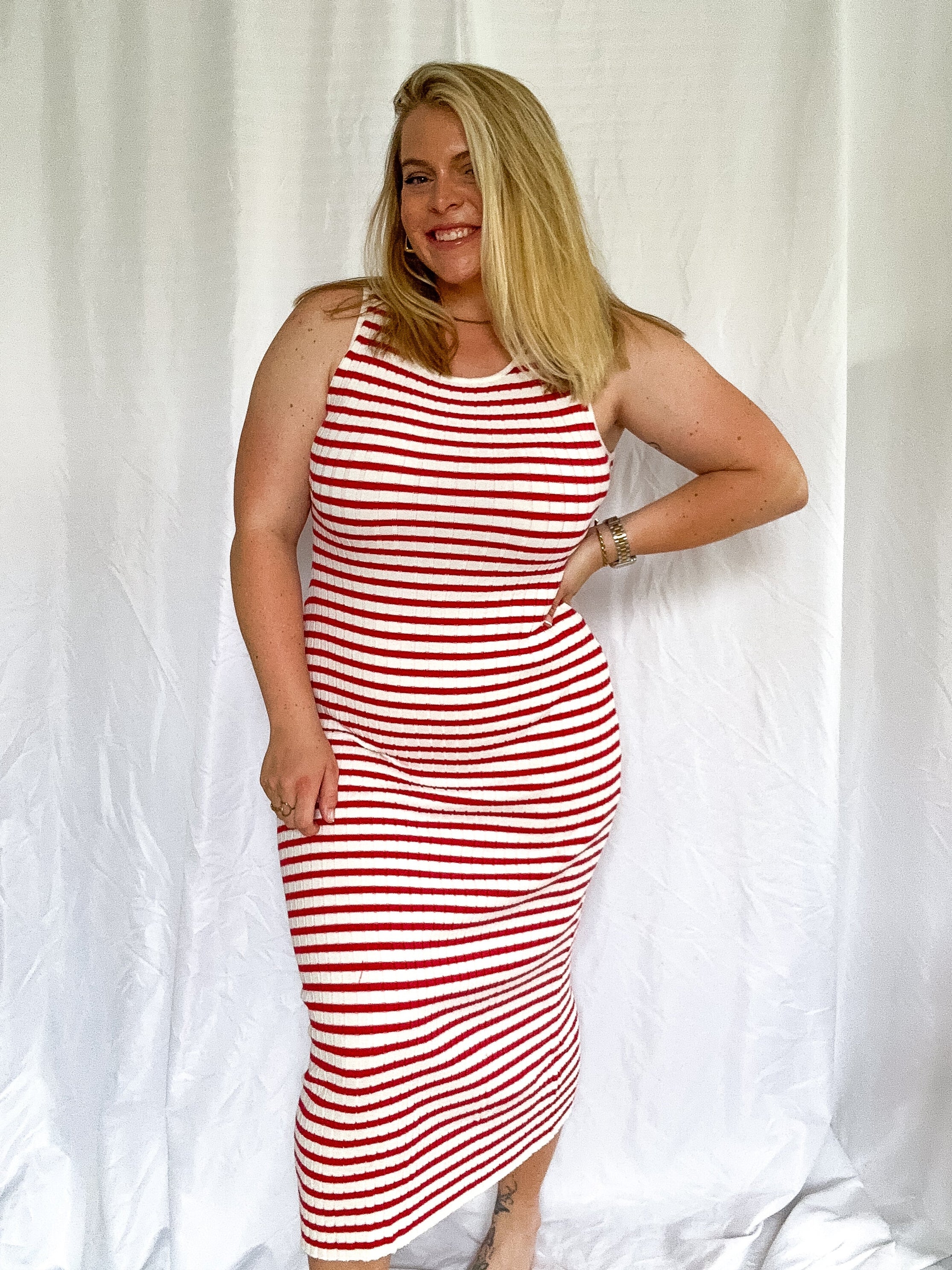 Boardwalk Stripes Midi Dress, red