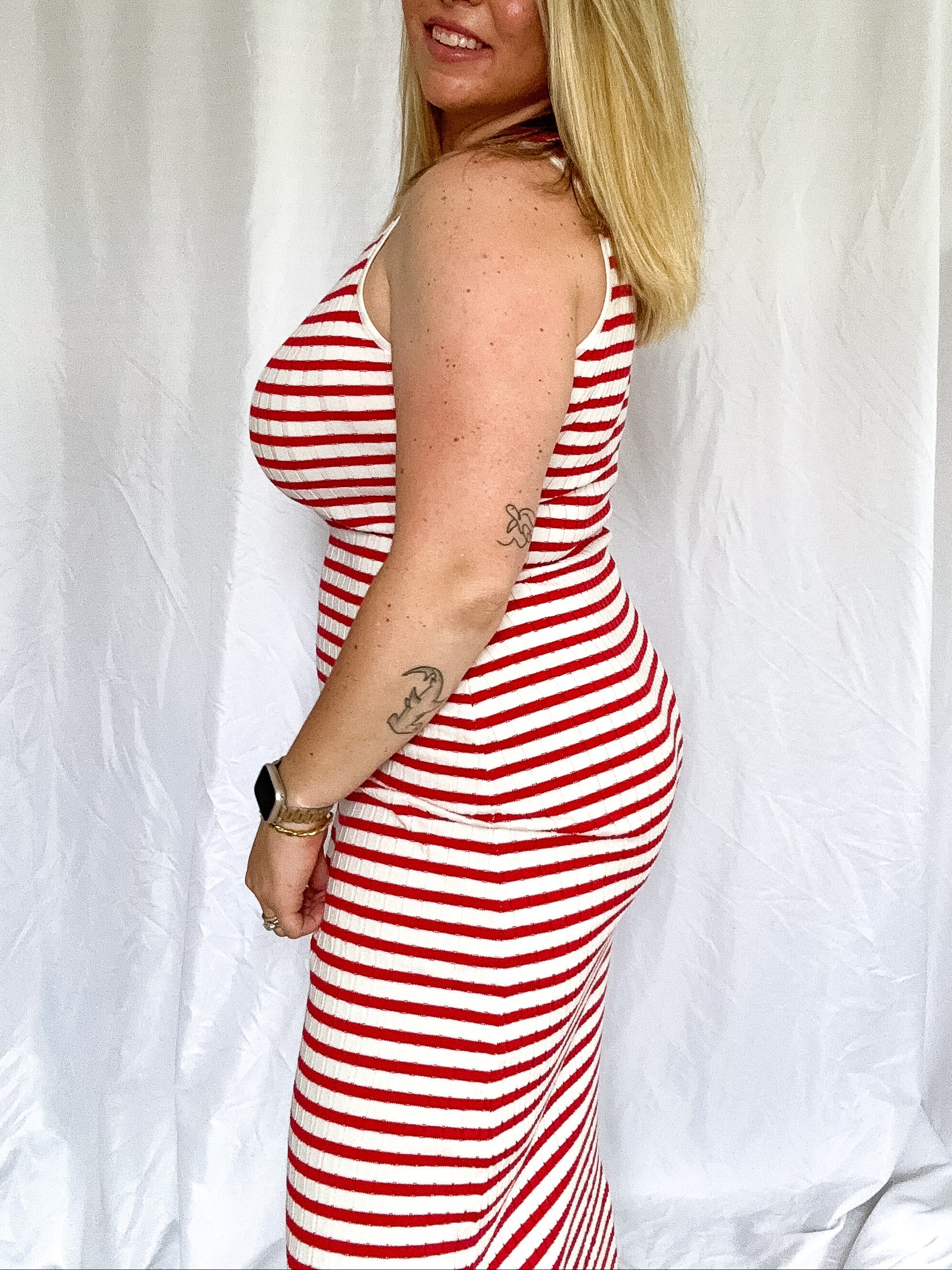 Boardwalk Stripes Midi Dress, red