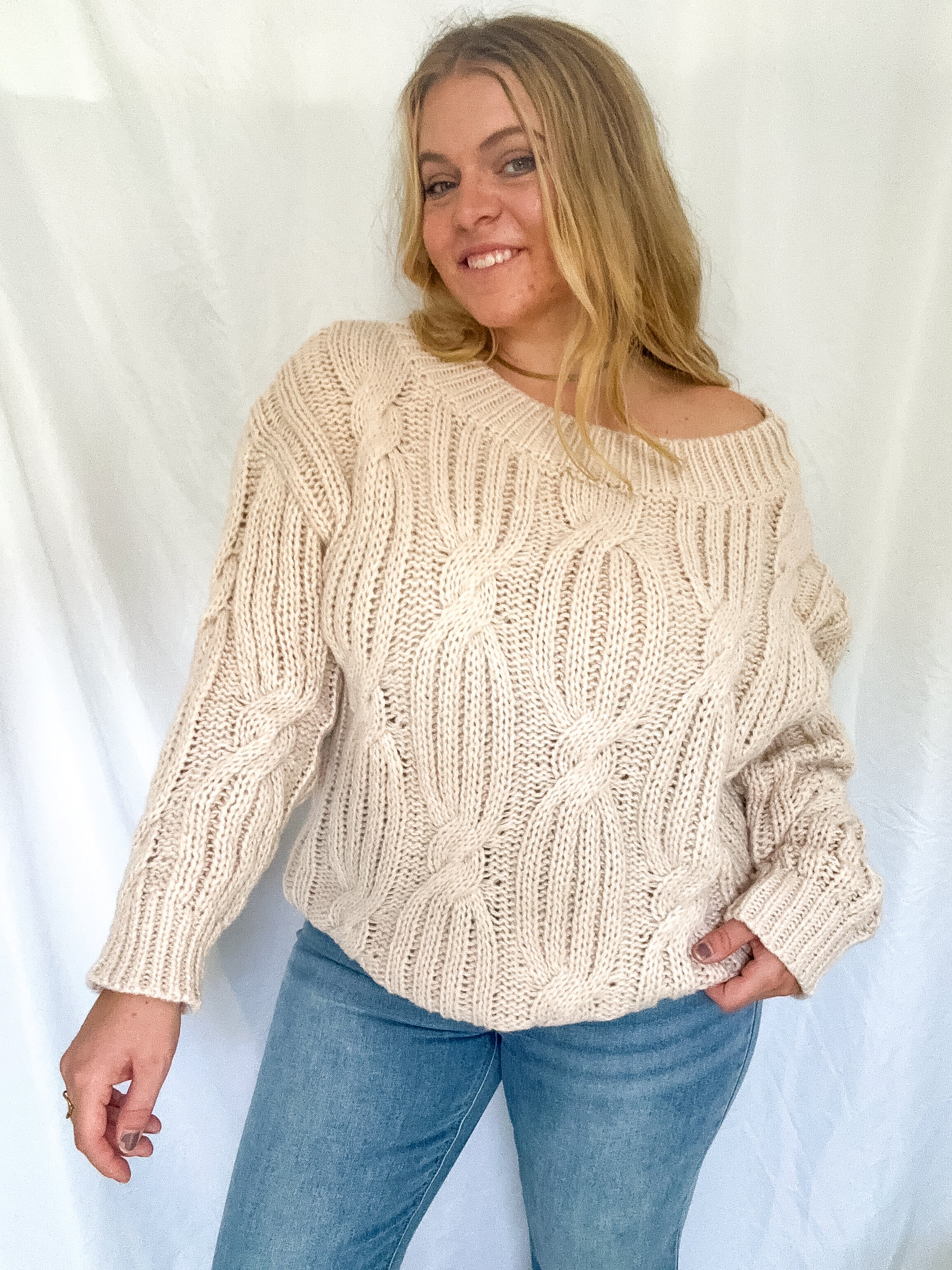 Joey off shoulder cable sweater, taupe