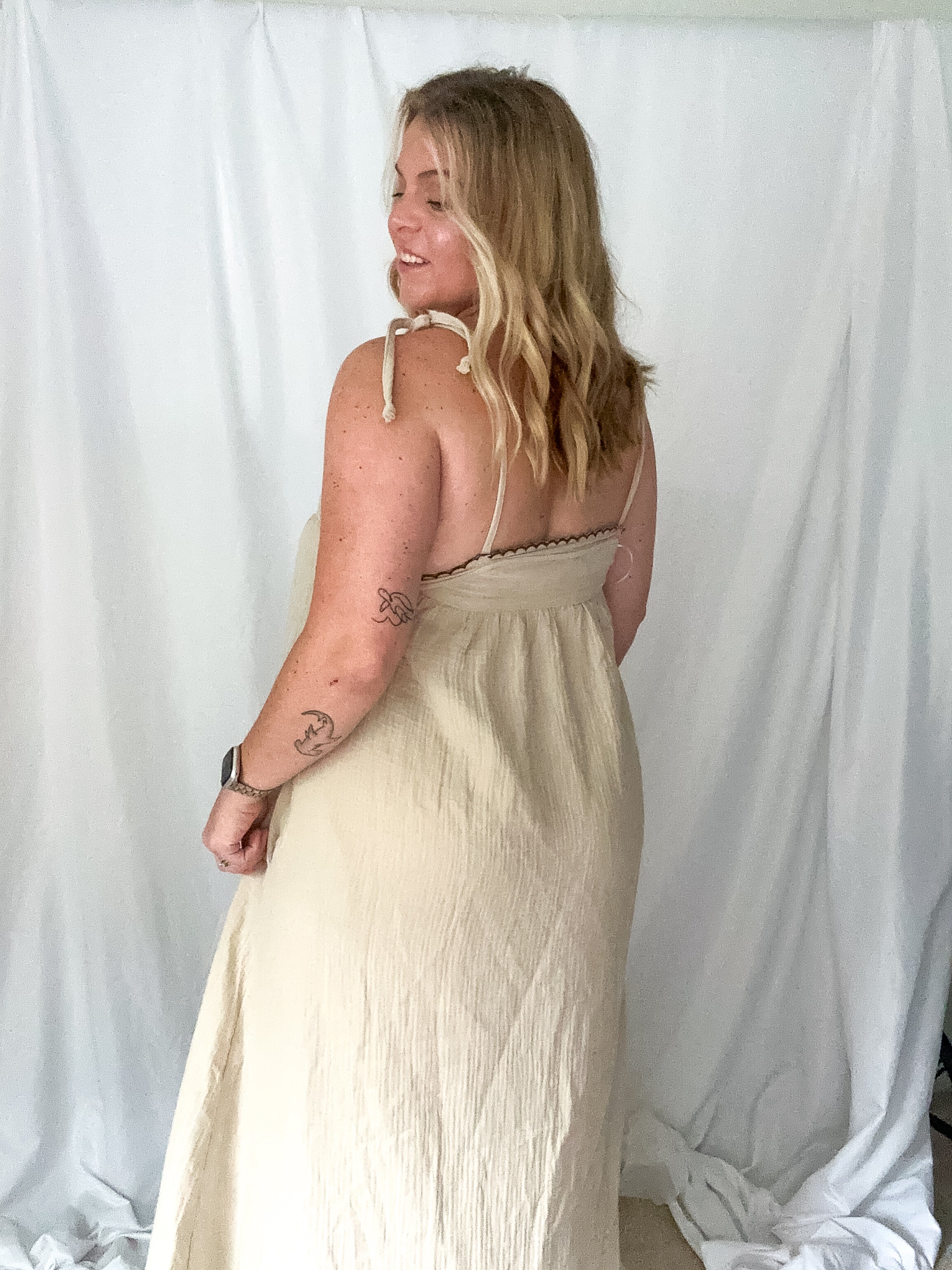 Whisper embroidered gauze knit maxi dress, beige