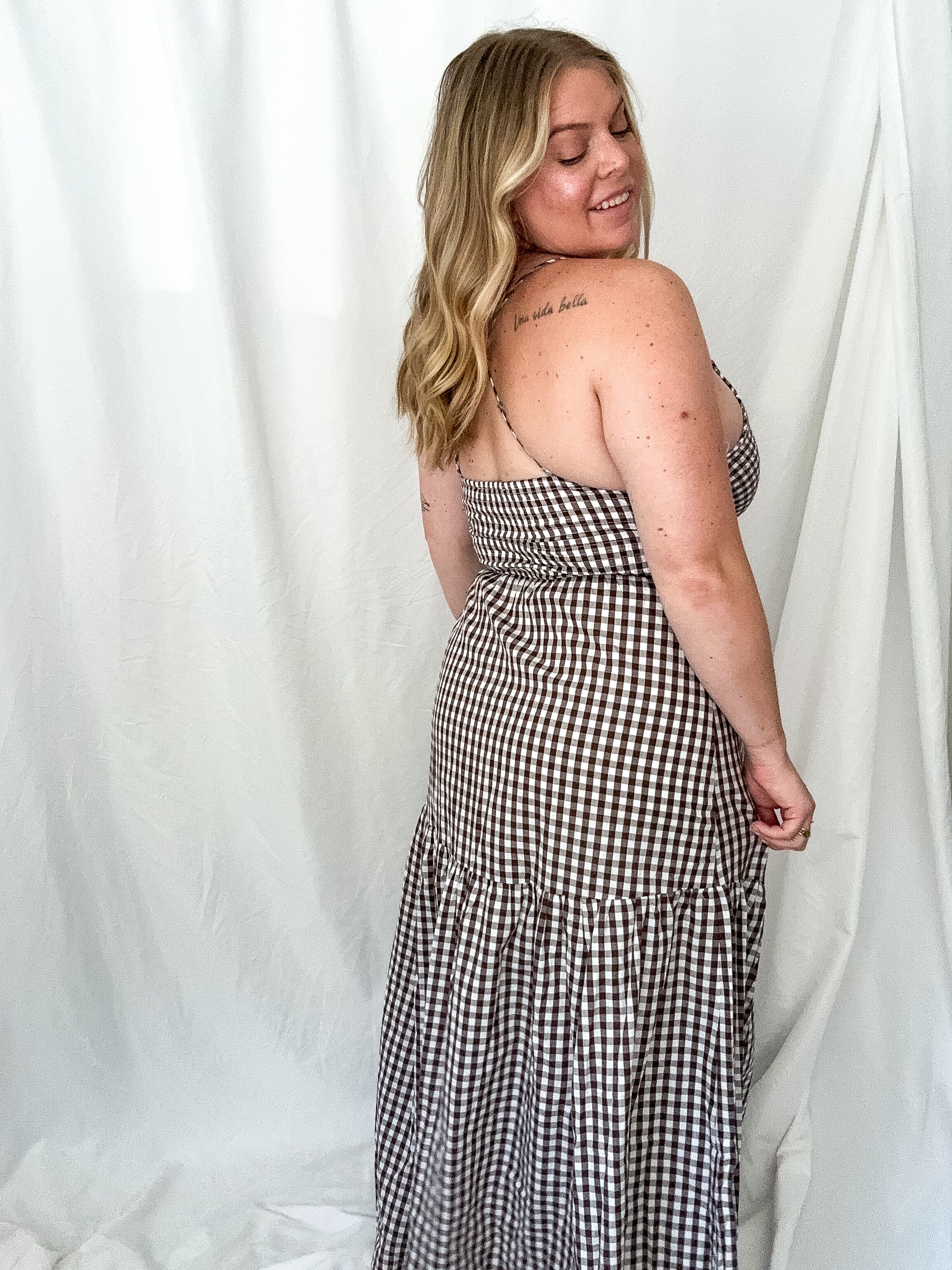 Driftwood Checkered Smocked Bodice Maxi Dress, brown