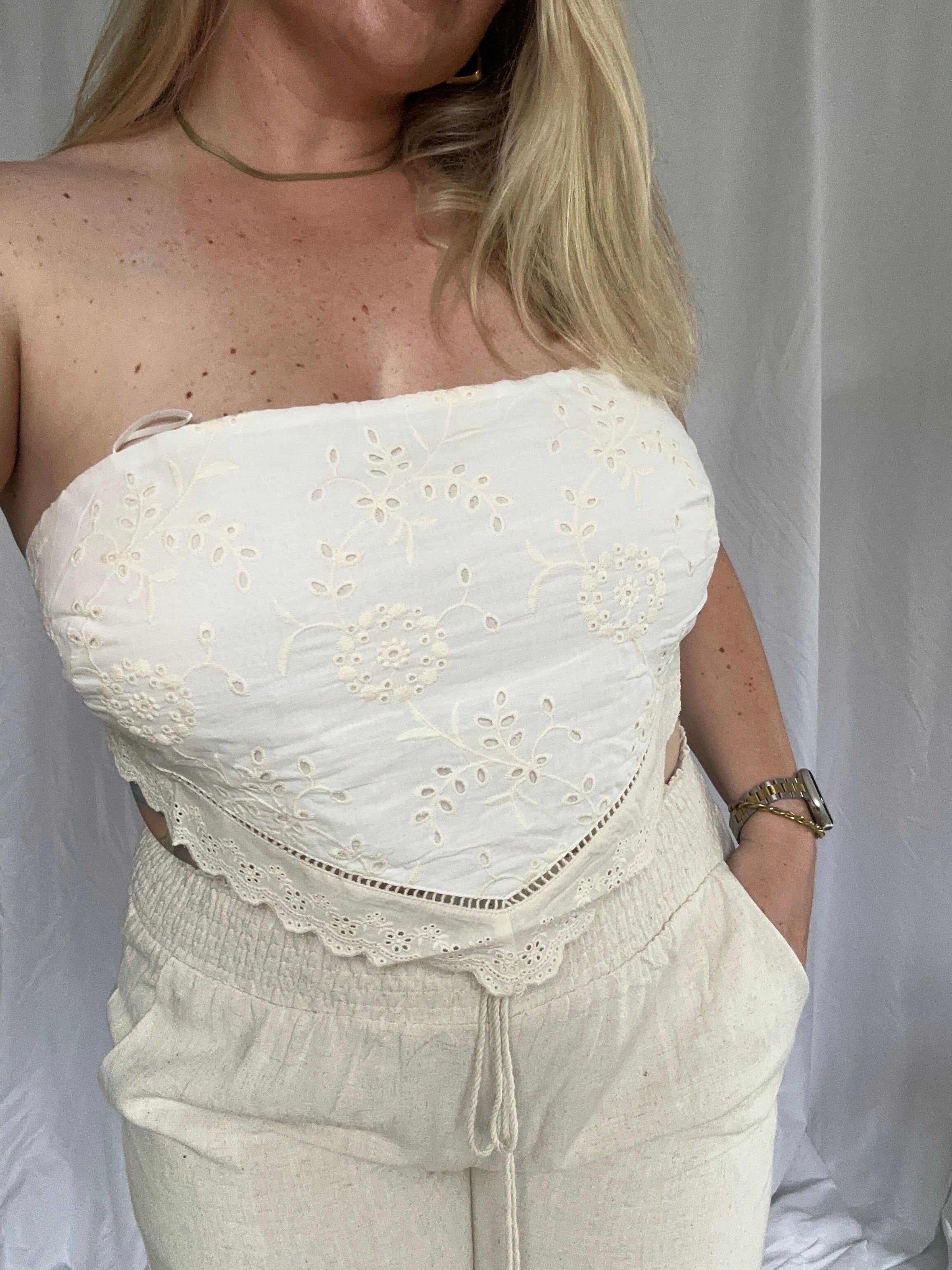 Golden Tide Embroidered Eyelet Lace Strapless Top, ivory