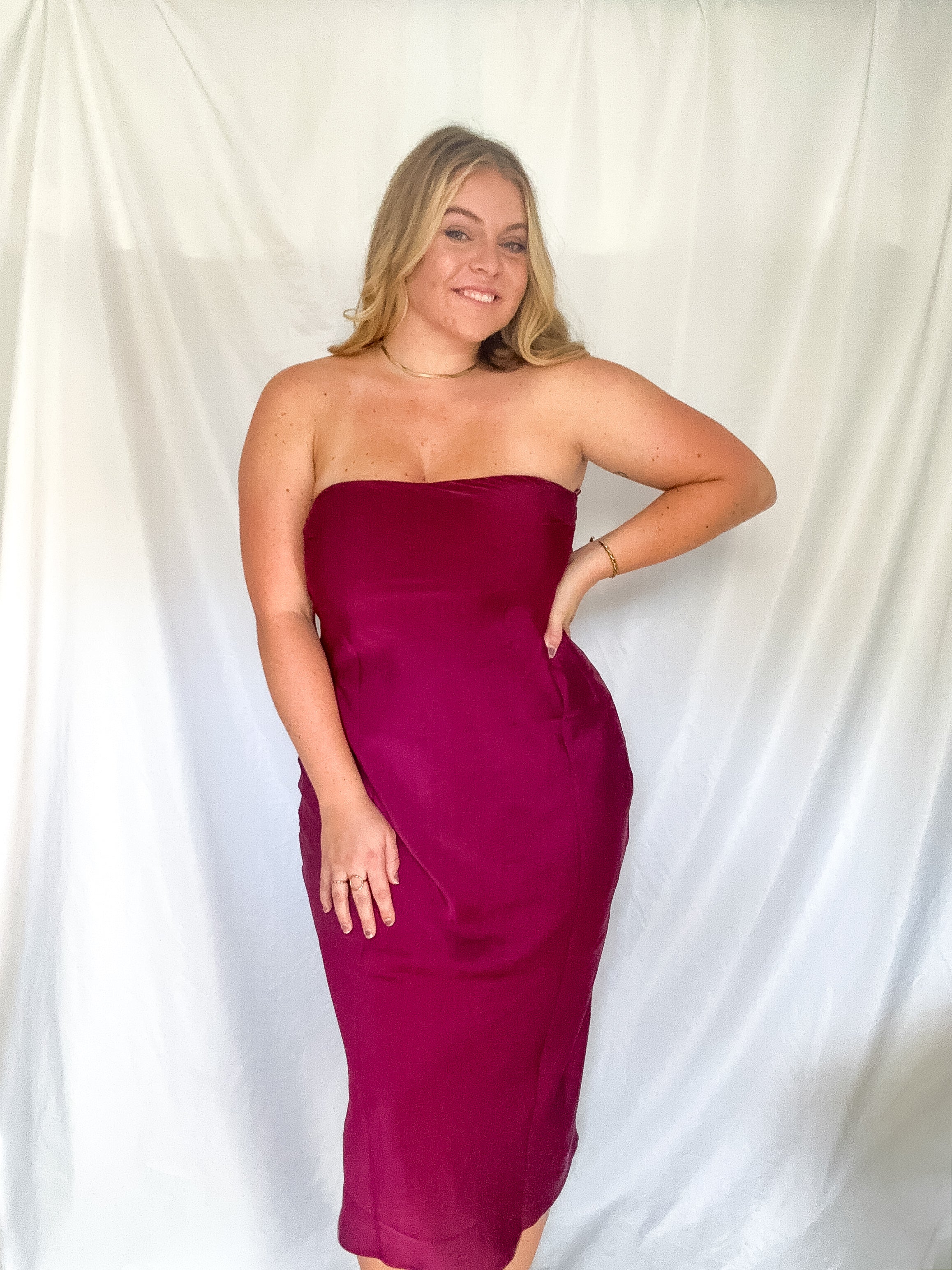 In Your Dreams strapless cowl back midi dress, wine