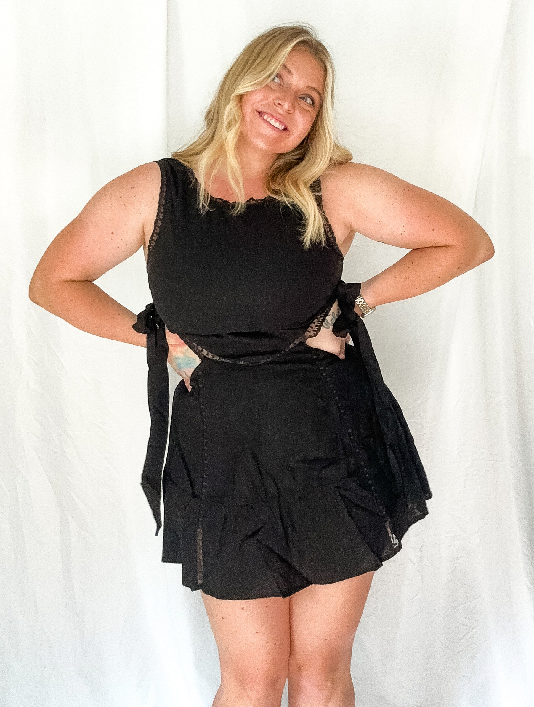 Midnight Crush mini dress with side tie, black