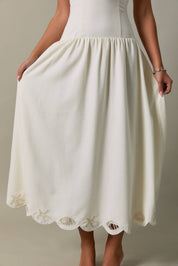 Seashell Scallop Embroidered Midi Dress, cream