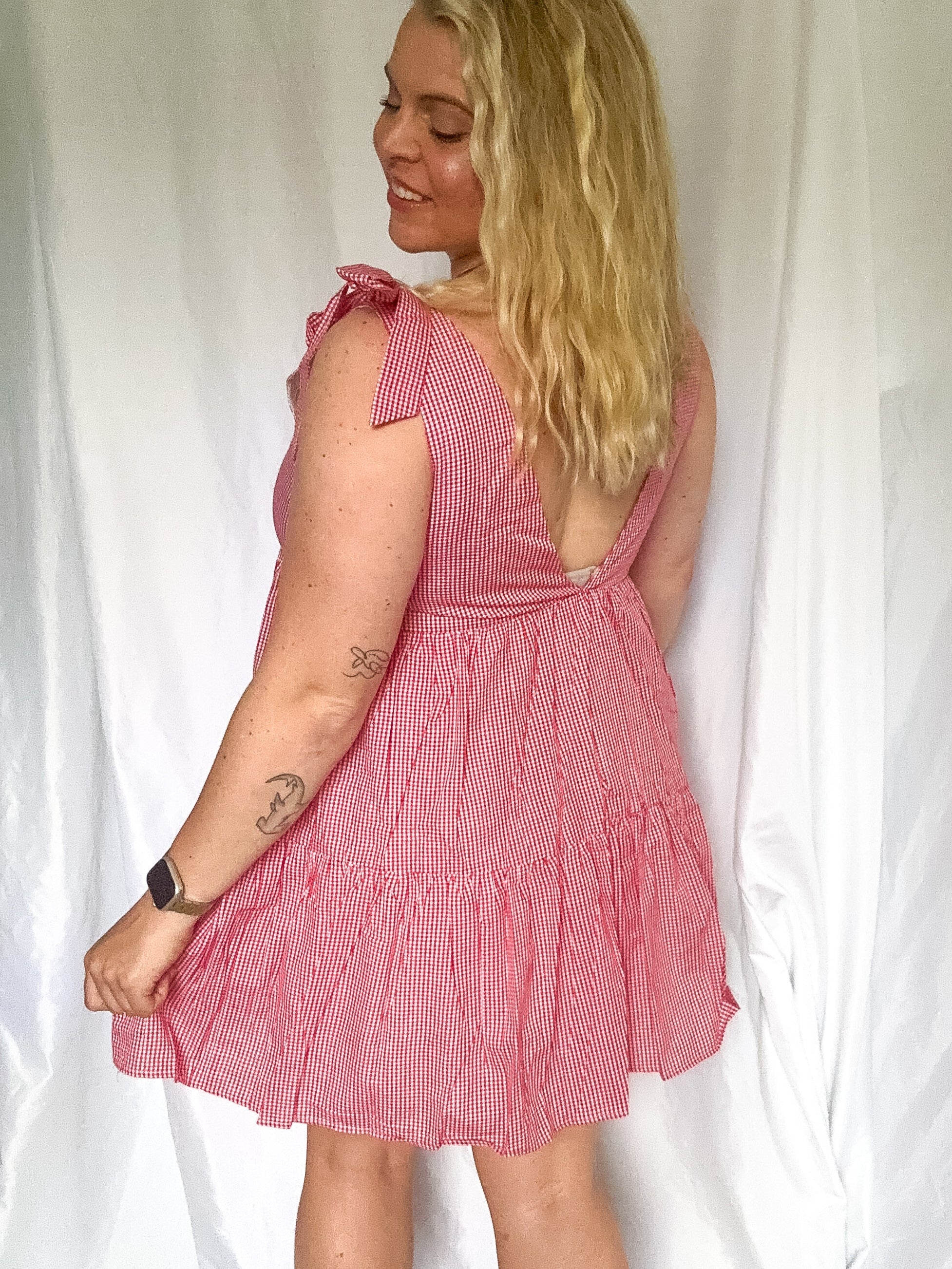 Cherry on Top tie strap gingham dress, red