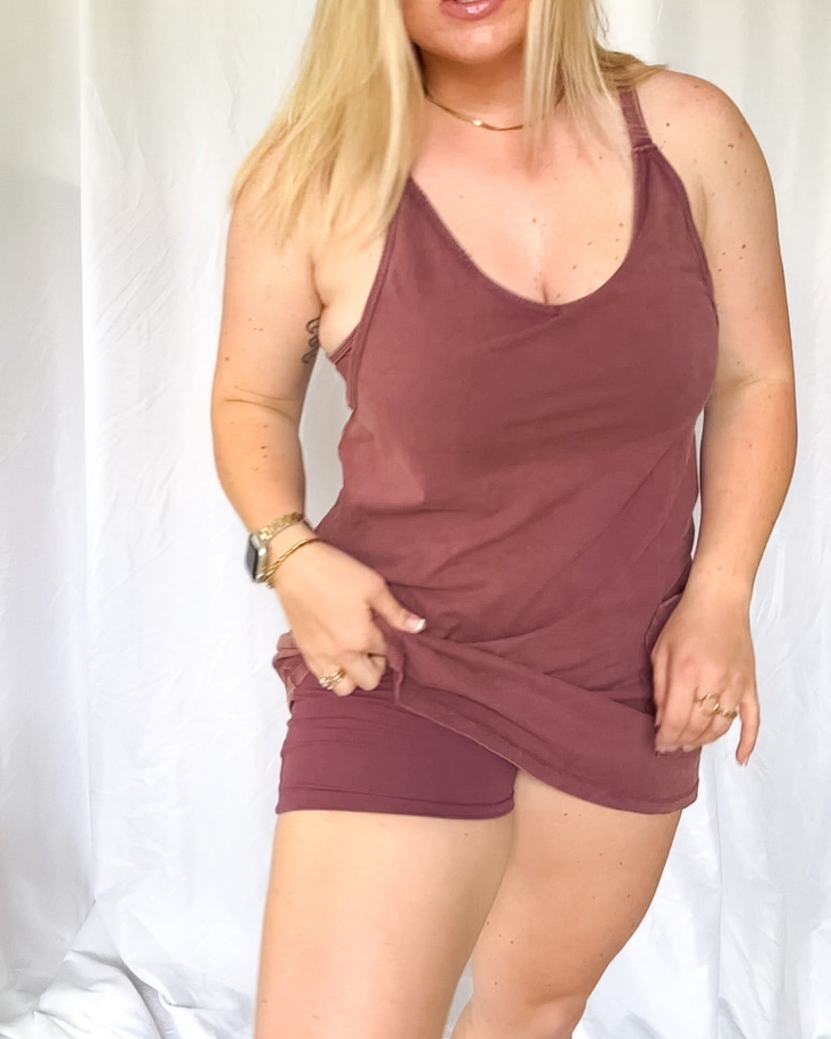 Coastal Cooldown Sporty Dress with Romper Lining, washed plum