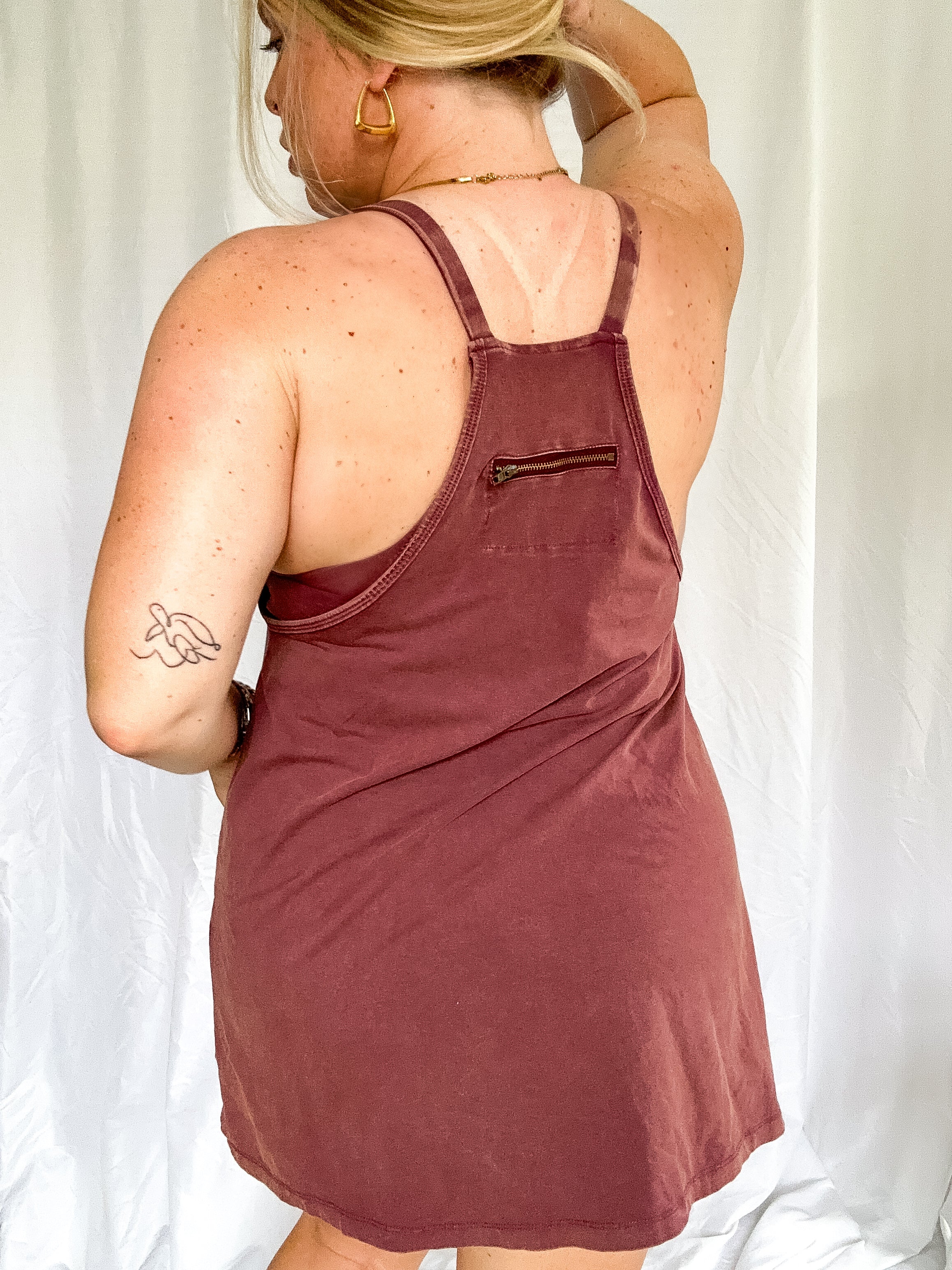 Coastal Cooldown Sporty Dress with Romper Lining, washed plum