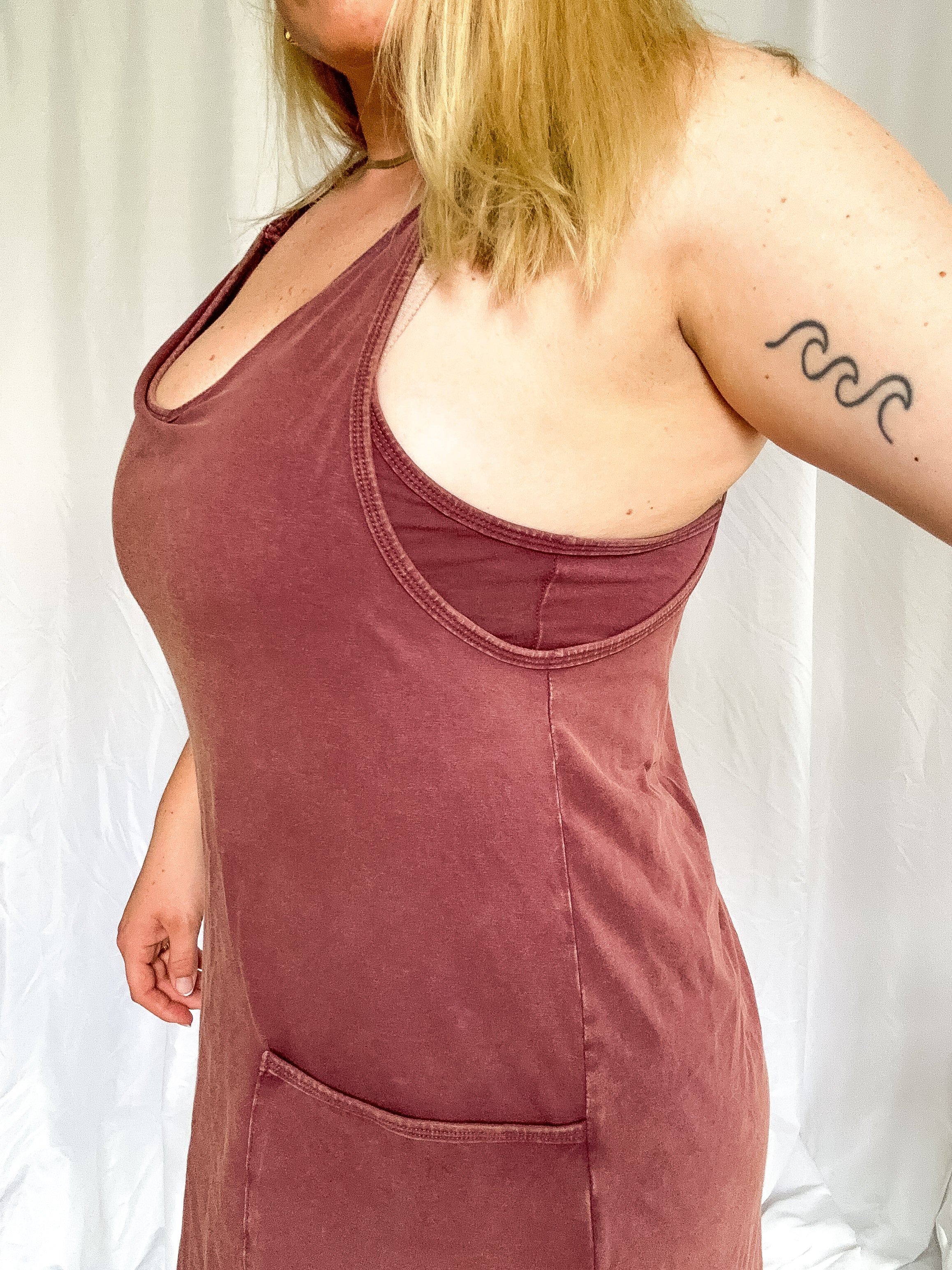 Coastal Cooldown Sporty Dress with Romper Lining, washed plum