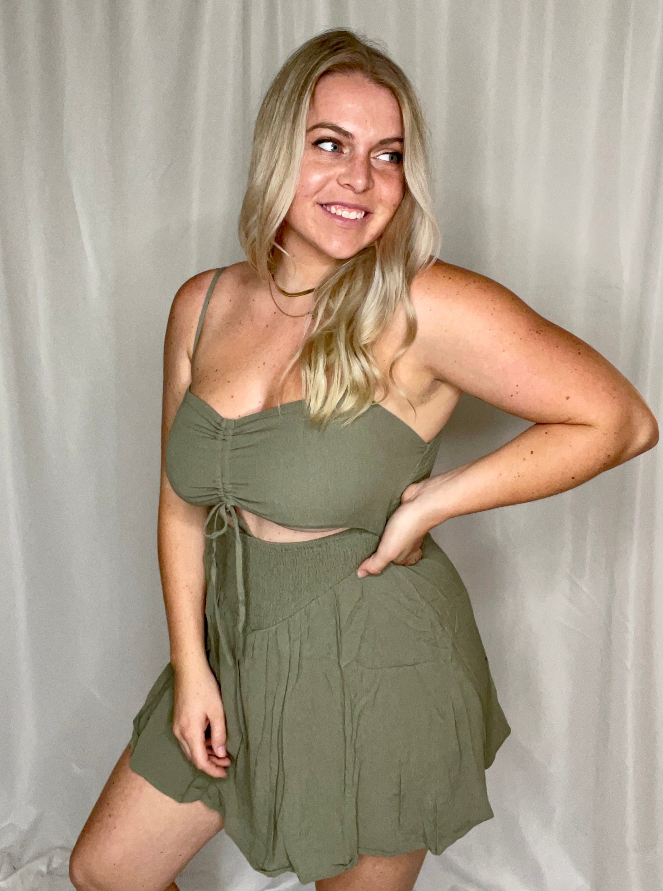 Caught a Vibe mini romper, olive