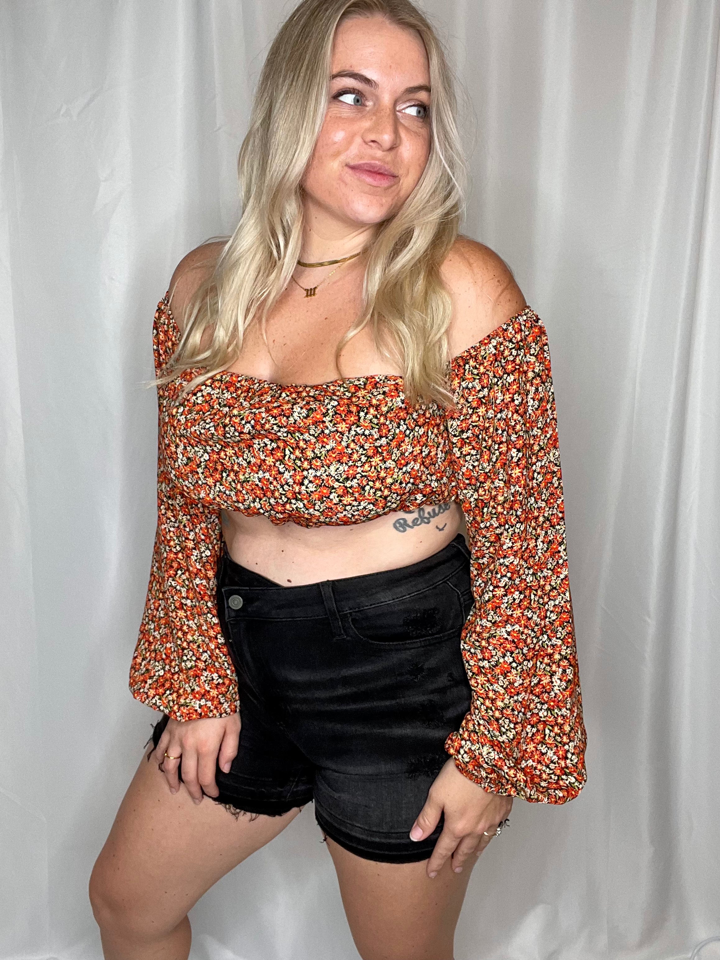 Florals Forever long sleeve crop top, red