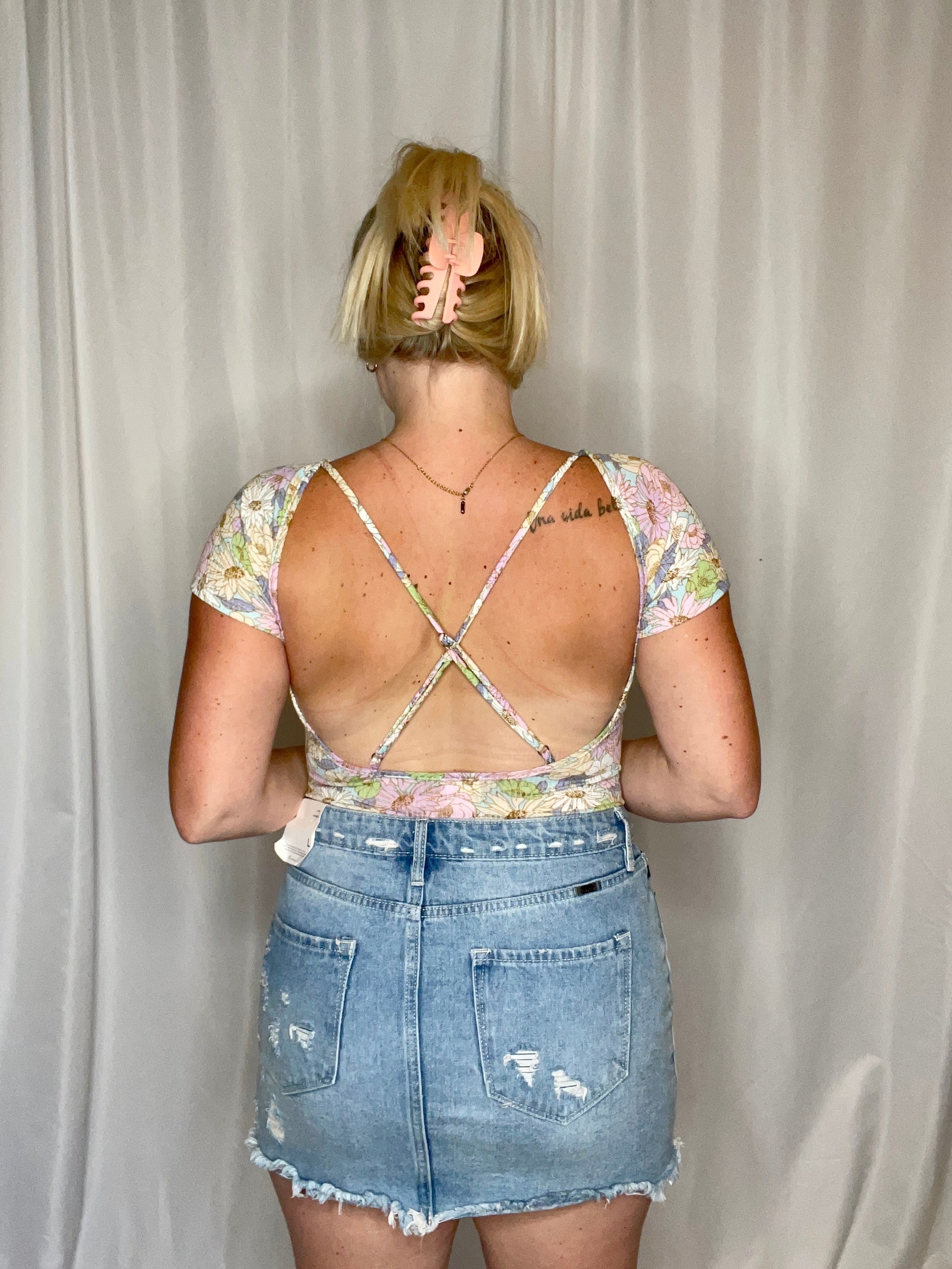 Garden Party open back bodysuit, pastel