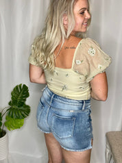 Flower Child puff sleeve bodysuit, beige